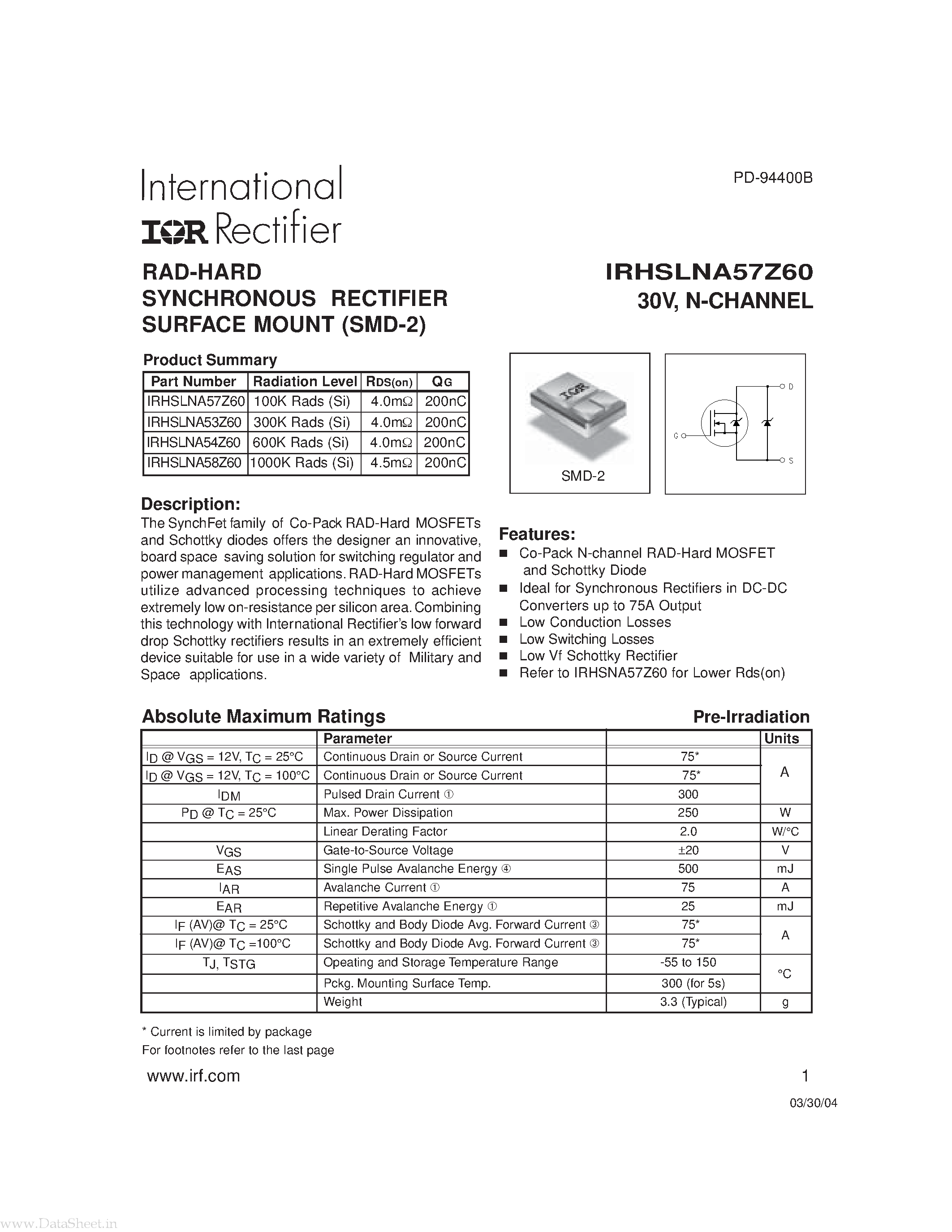 Datasheet IRHSLNA53Z60 page 1 Datasheet IRHSLNA53Z60 - RAD-HARD SYNCHRONOUS RECTIFIER SURFACE MOUNT page 1