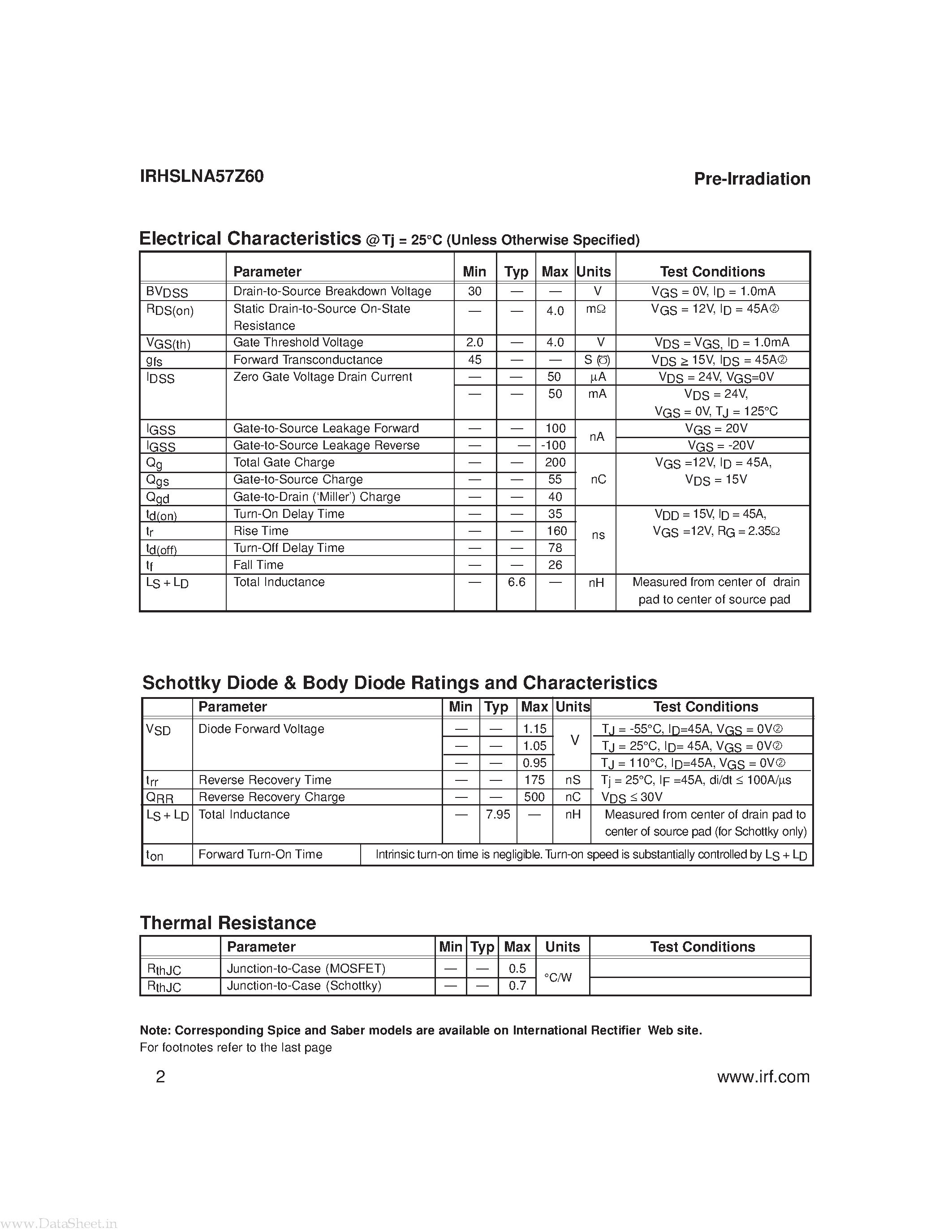 Datasheet IRHSLNA53Z60 page 2 Datasheet IRHSLNA53Z60 - RAD-HARD SYNCHRONOUS RECTIFIER SURFACE MOUNT page 2