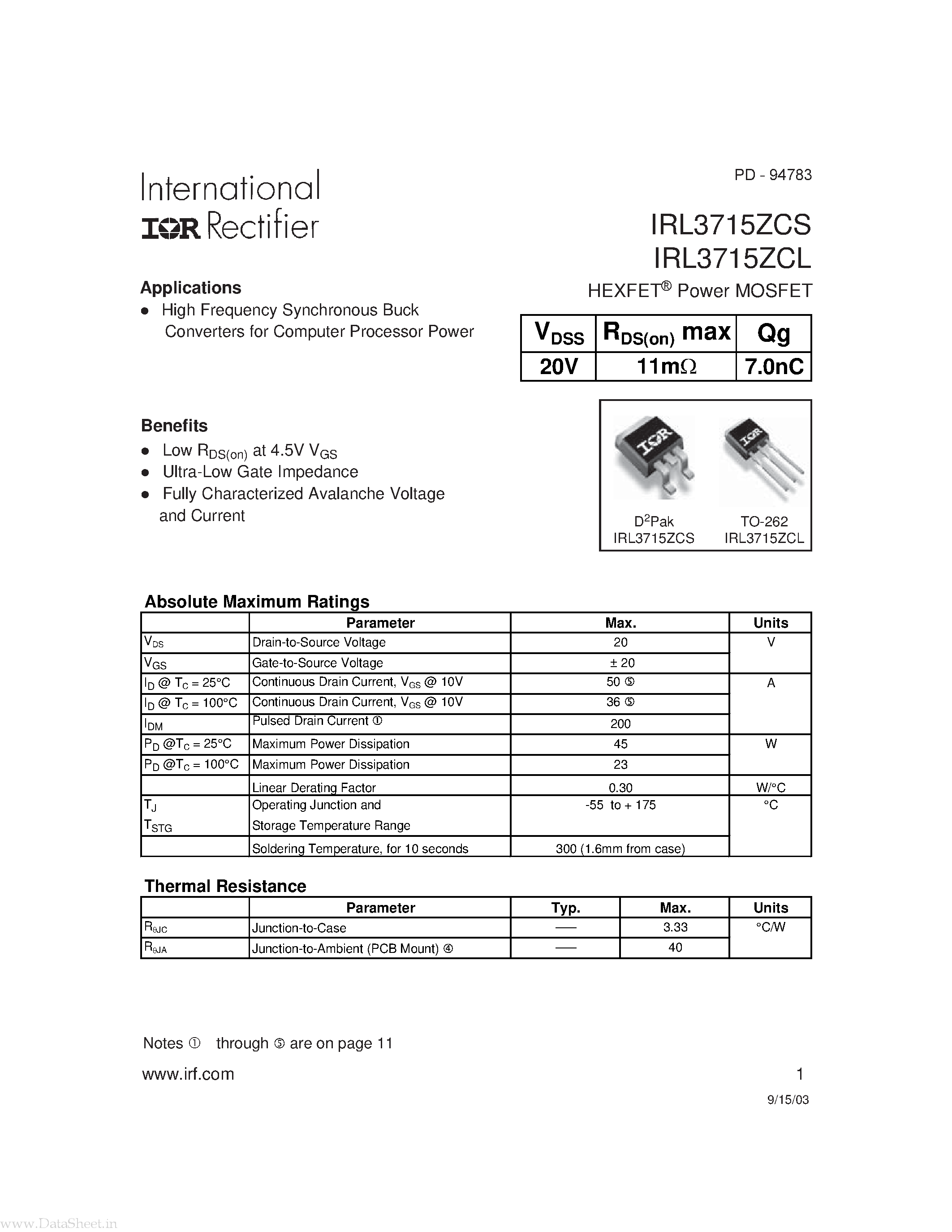 Datasheet IRL3715ZCL - (IRL3715ZCL / IRL3715ZCS) High Frequency Synchronous Buck Converters page 1