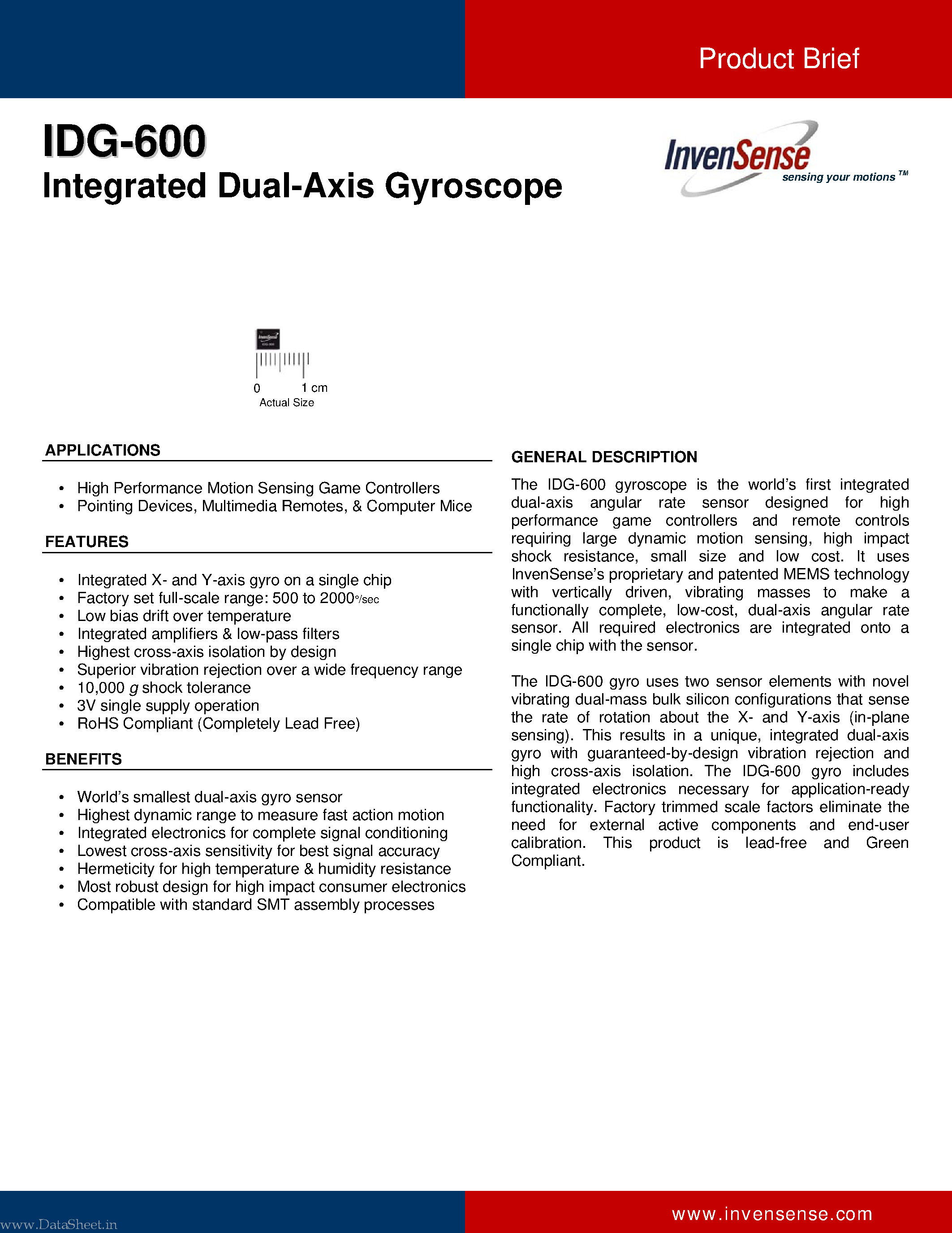 Datasheet IDG-600 - Integrated Dual-Axis Gyroscope page 1