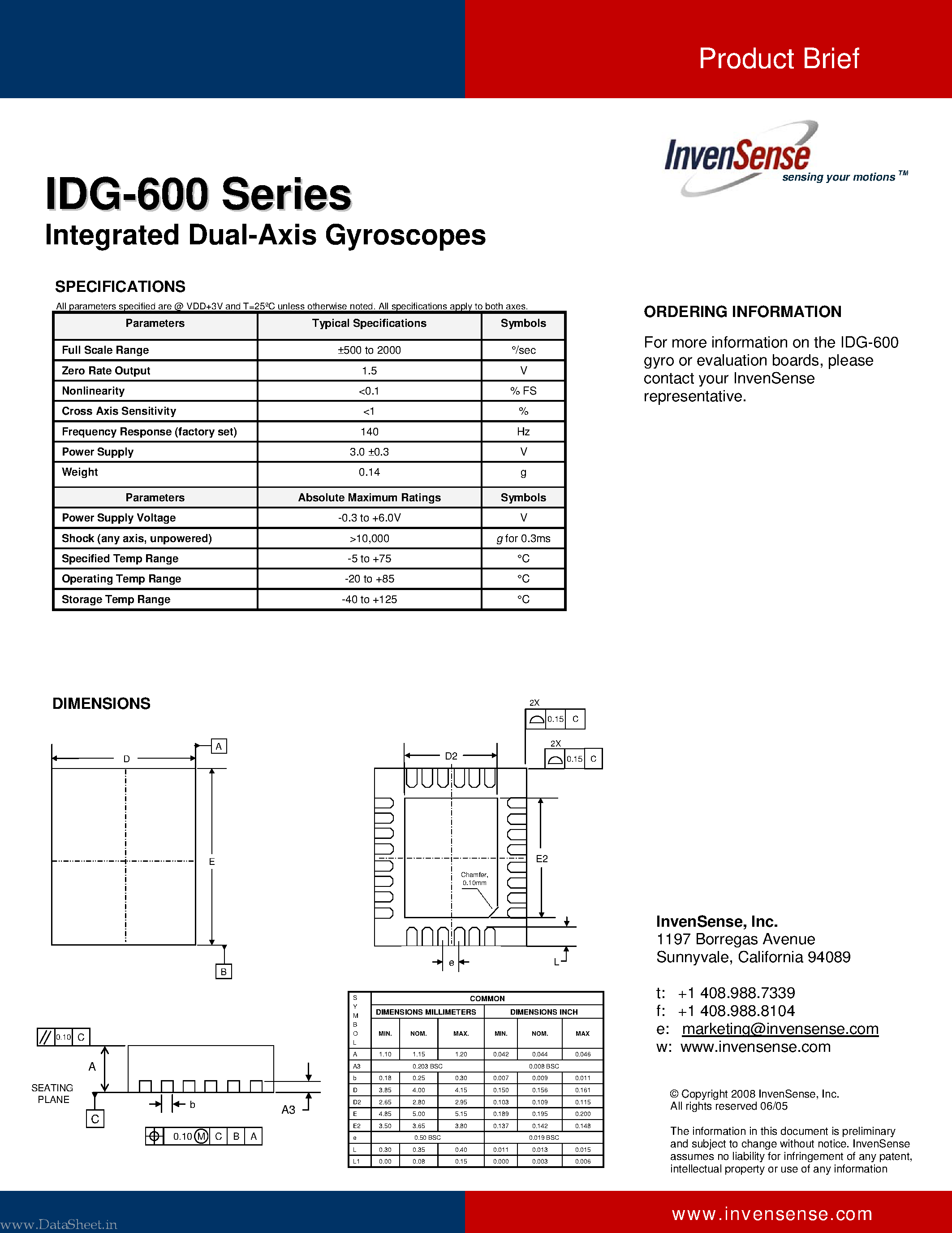Datasheet IDG-600 - Integrated Dual-Axis Gyroscope page 2