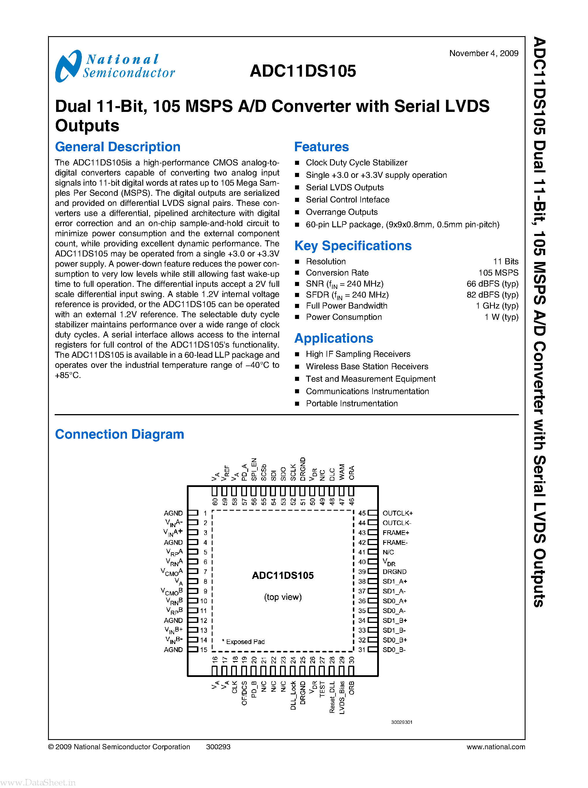 Datasheet ADC11DS105 page 1 Datasheet ADC11DS105 - 105 MSPS A/D Converter page 1