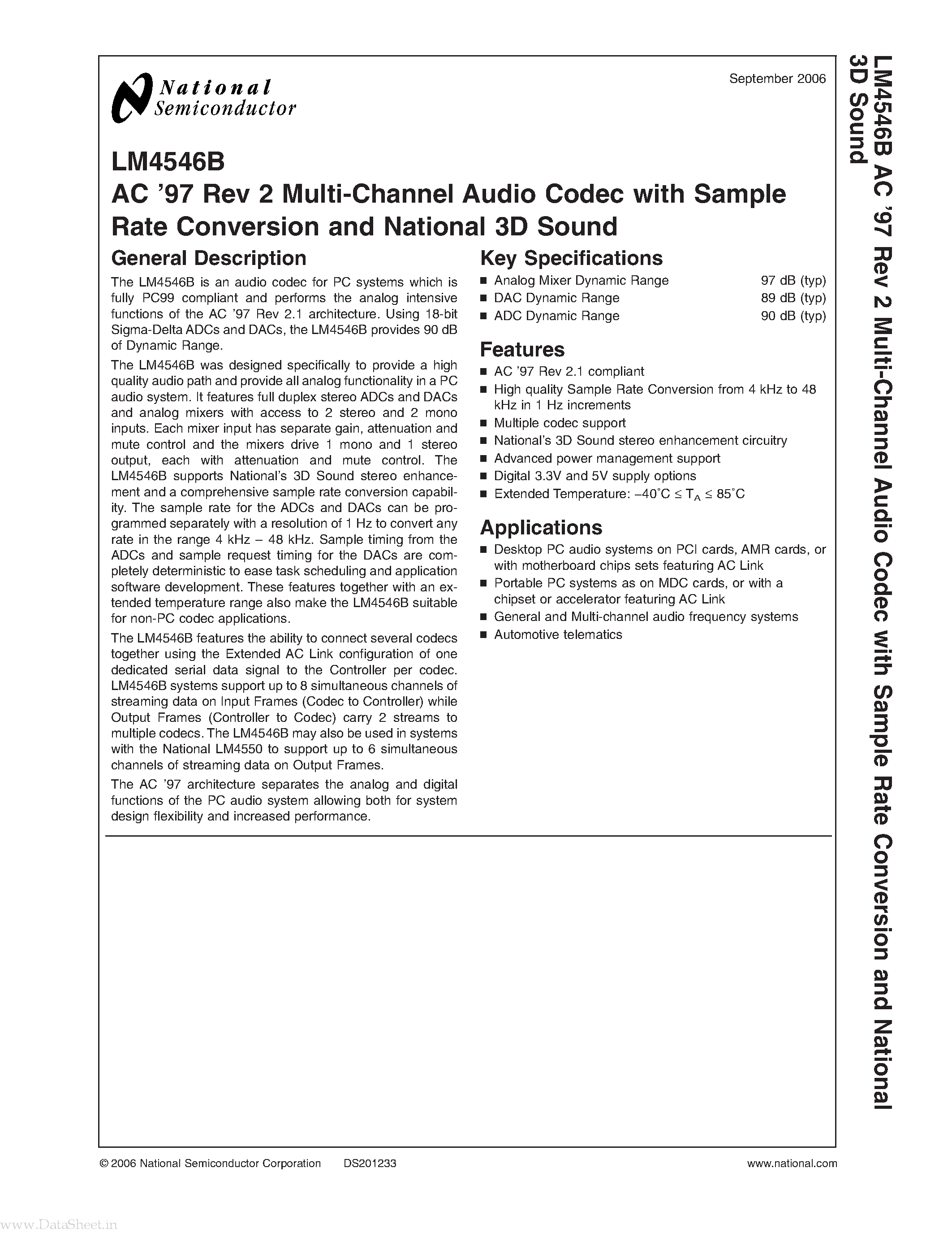 Datasheet LM4546B page 1 Datasheet LM4546B - AC 97 Rev 2 Multi-Channel Audio Codec page 1
