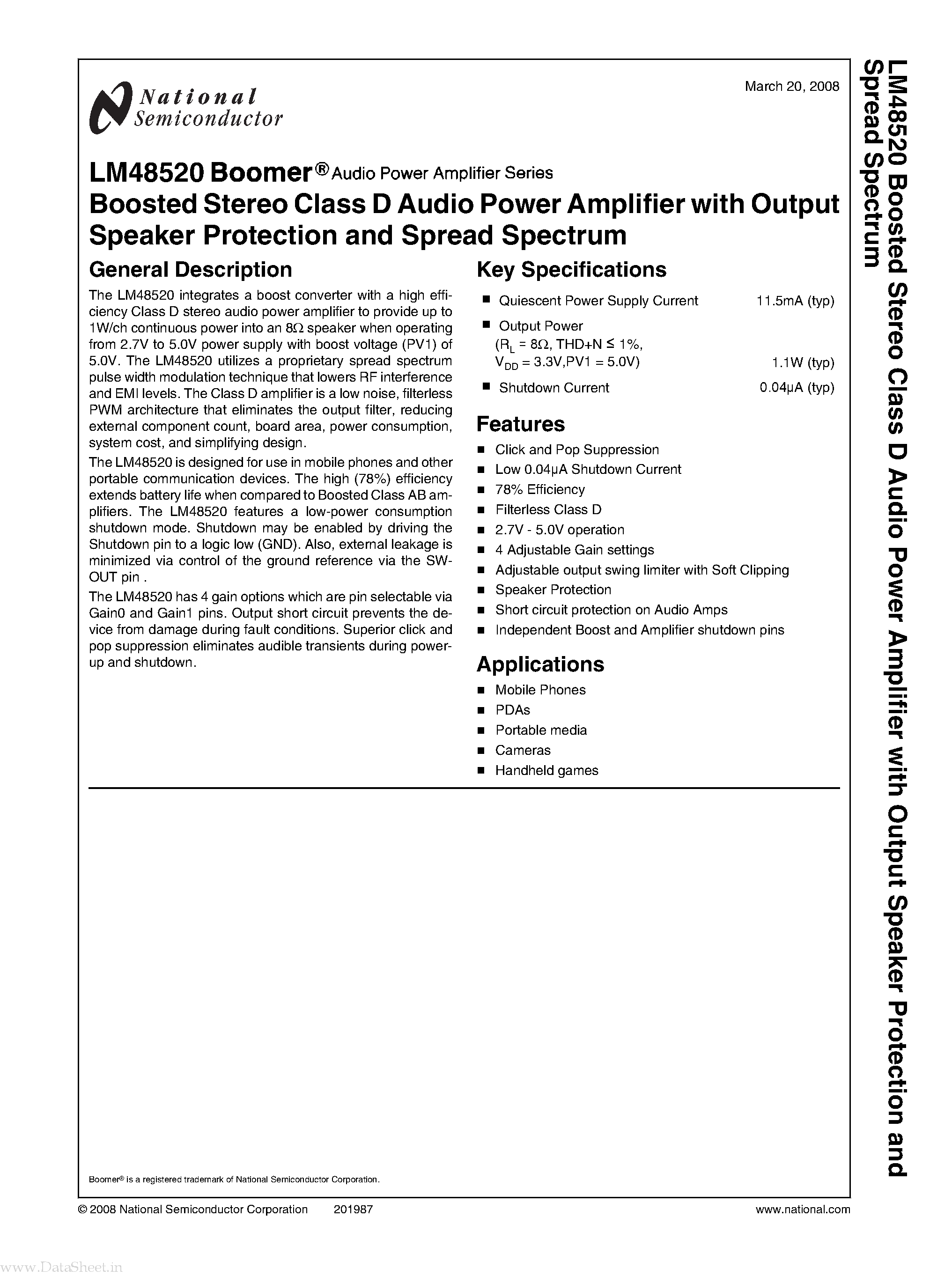 Datasheet LM48520 - Boosted Stereo Class D Audio Power Amplifier page 1
