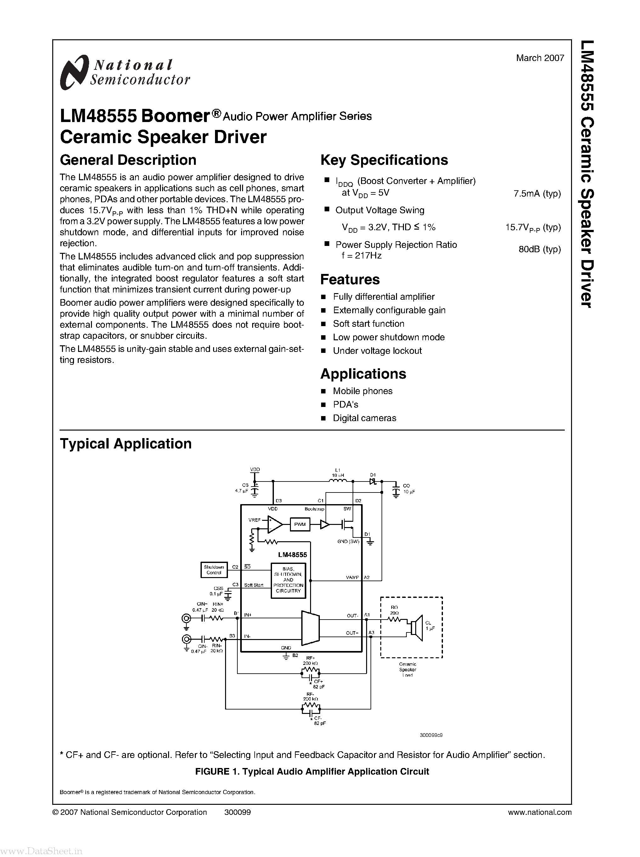 Datasheet LM48555 - Ceramic Speaker Driver page 1