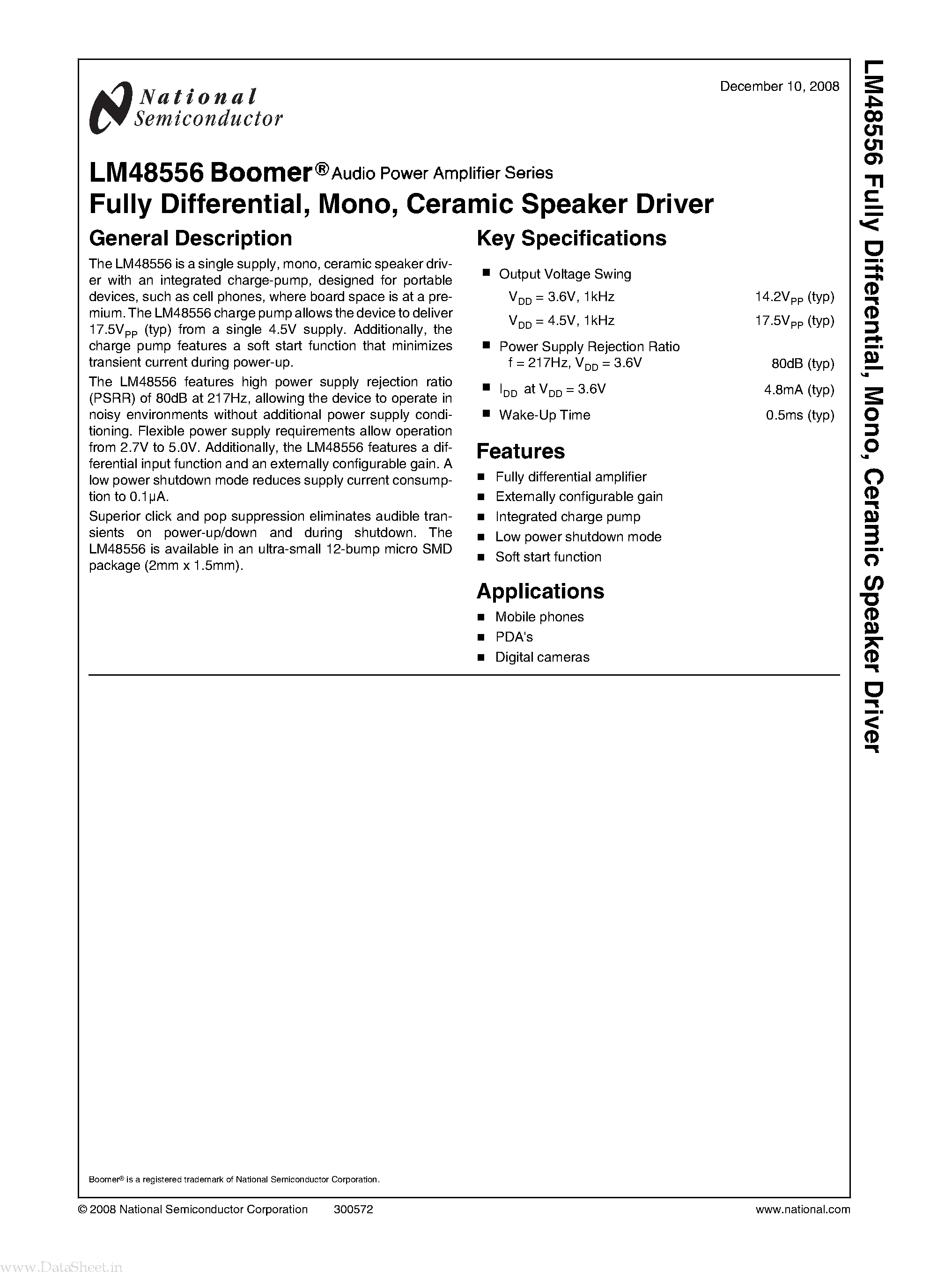 Datasheet LM48556 - Ceramic Speaker Driver page 1