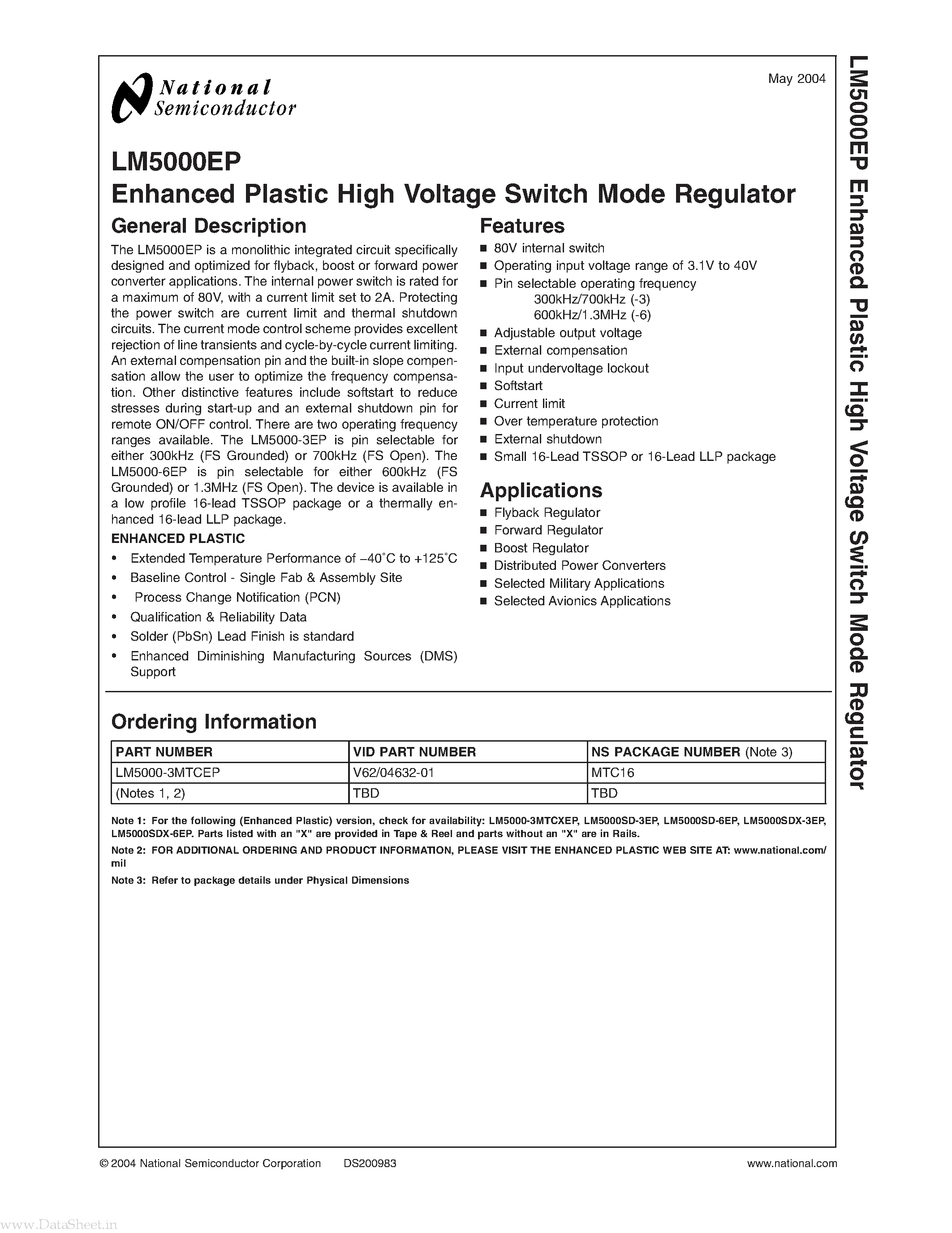 Datasheet LM5000EP - Enhanced Plastic High Voltage Switch Mode Regulator page 1