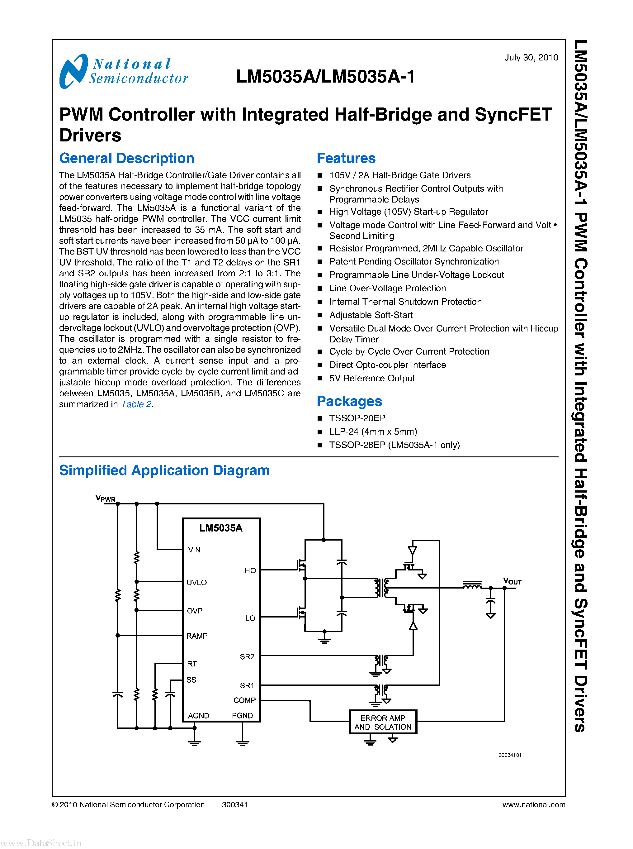 Даташит на микросхему LM5035A страница 1 Даташит LM5035A - PWM Controller страница 1