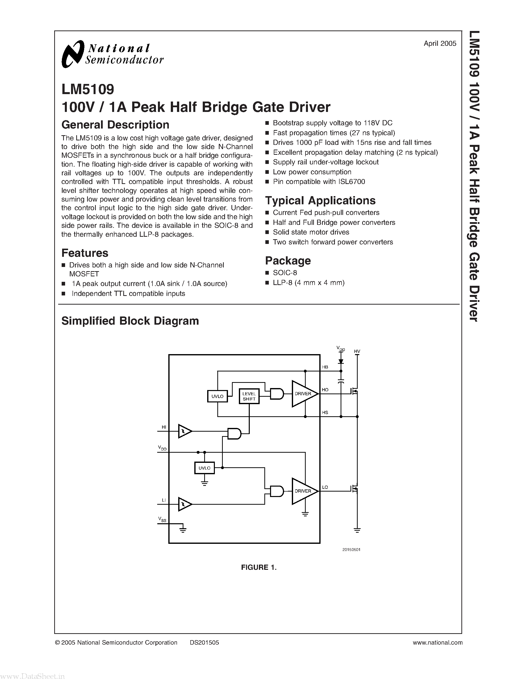 Даташит LM5109 - 100V / 1A Peak Half Bridge Gate Driver страница 1