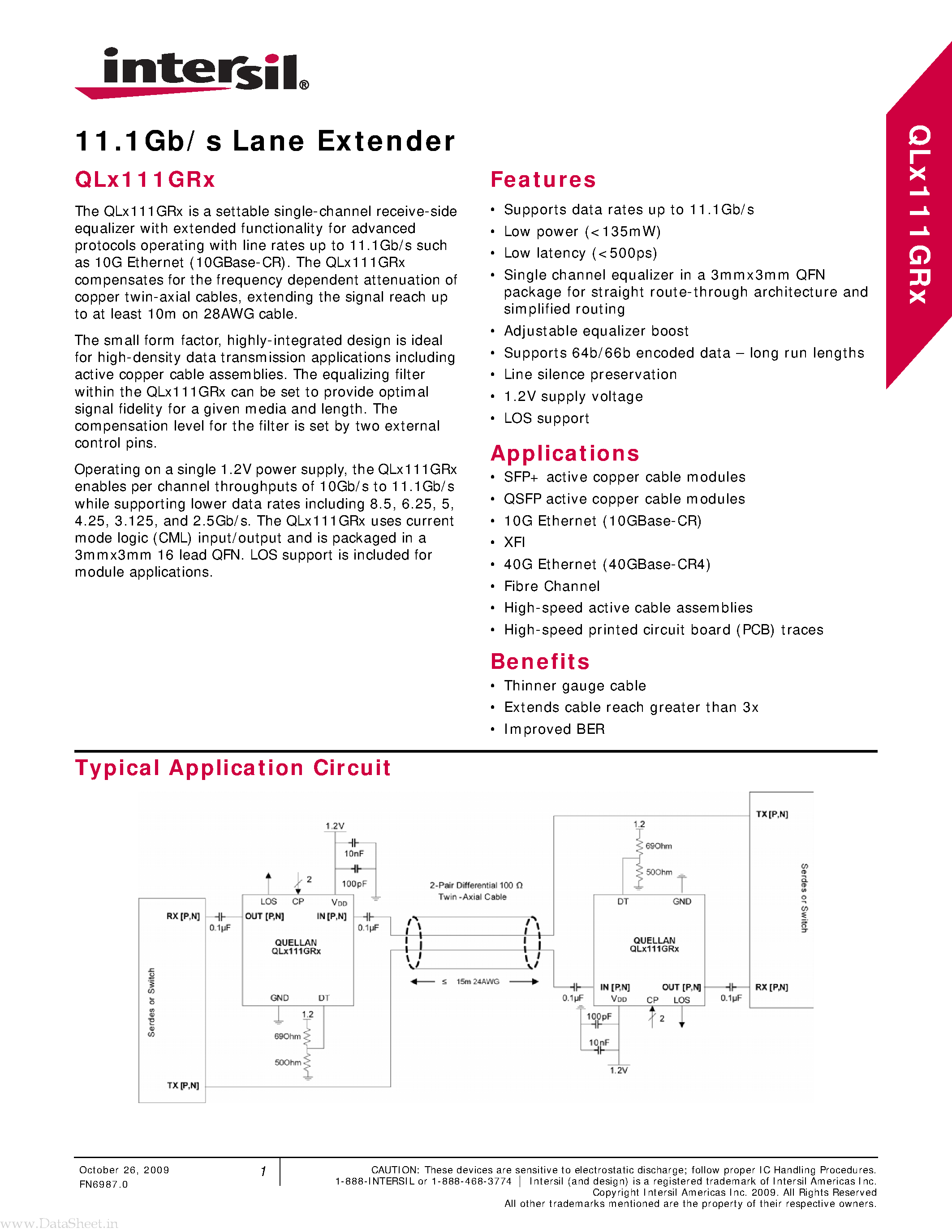 Datasheet QLX111GRX page 1 Datasheet QLX111GRX - 11.1Gb/s Lane Extender page 1