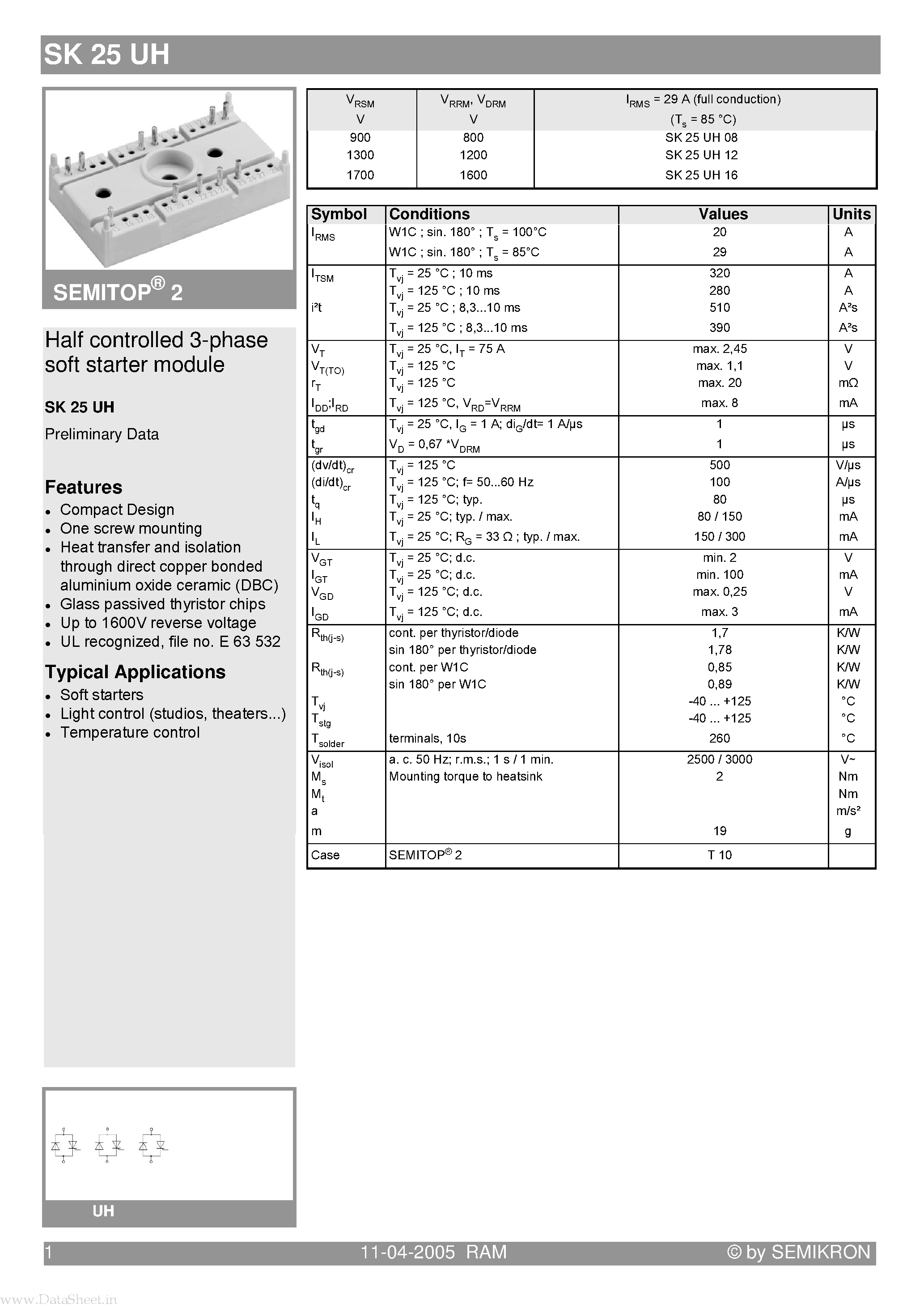 Datasheet SK25UH - Half controlled 3-phase soft starter module page 1