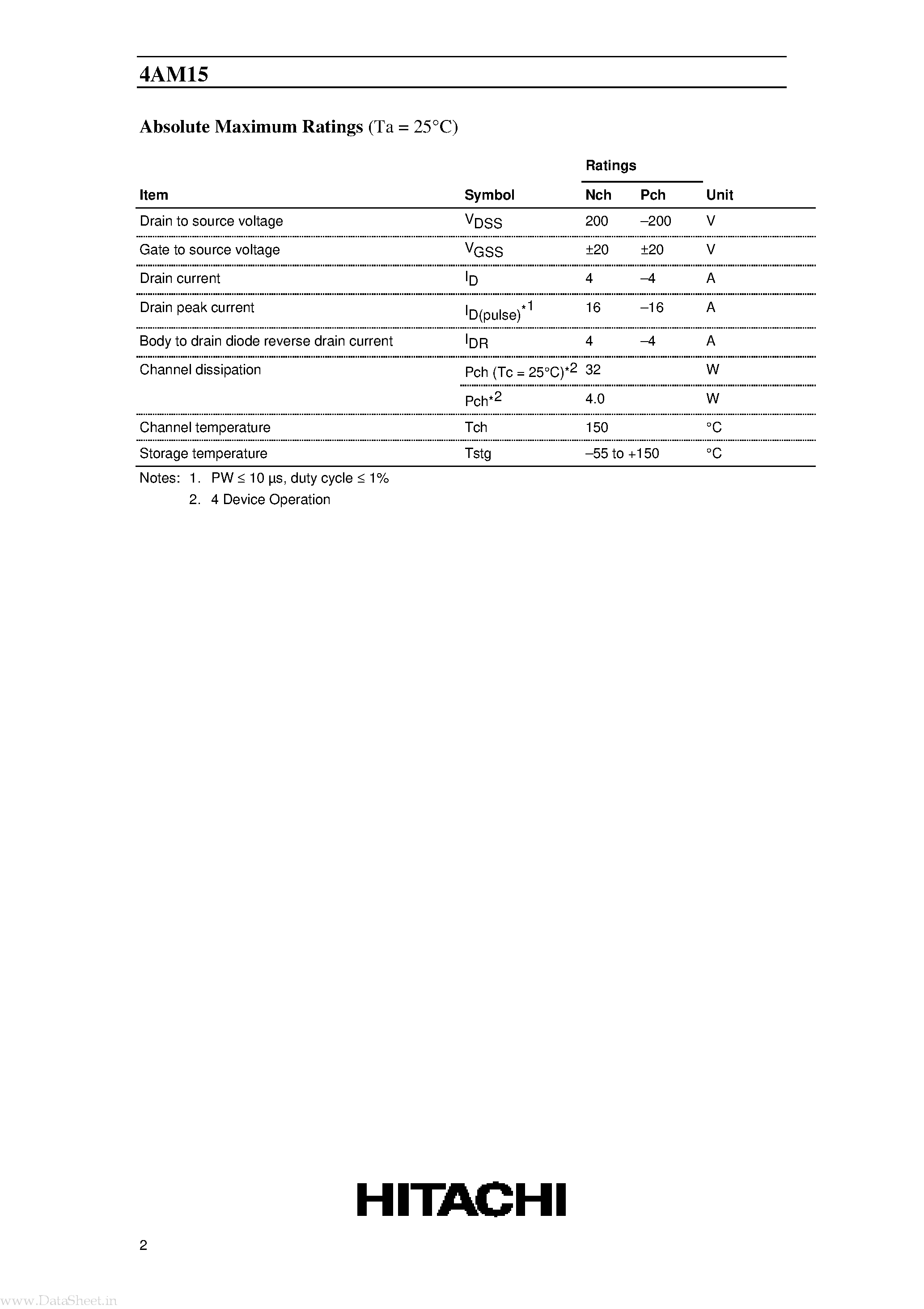 Datasheet 4AM15 page 2 Datasheet 4AM15 - Silicon N-Channel/P-Channel Power MOS FET Array page 2