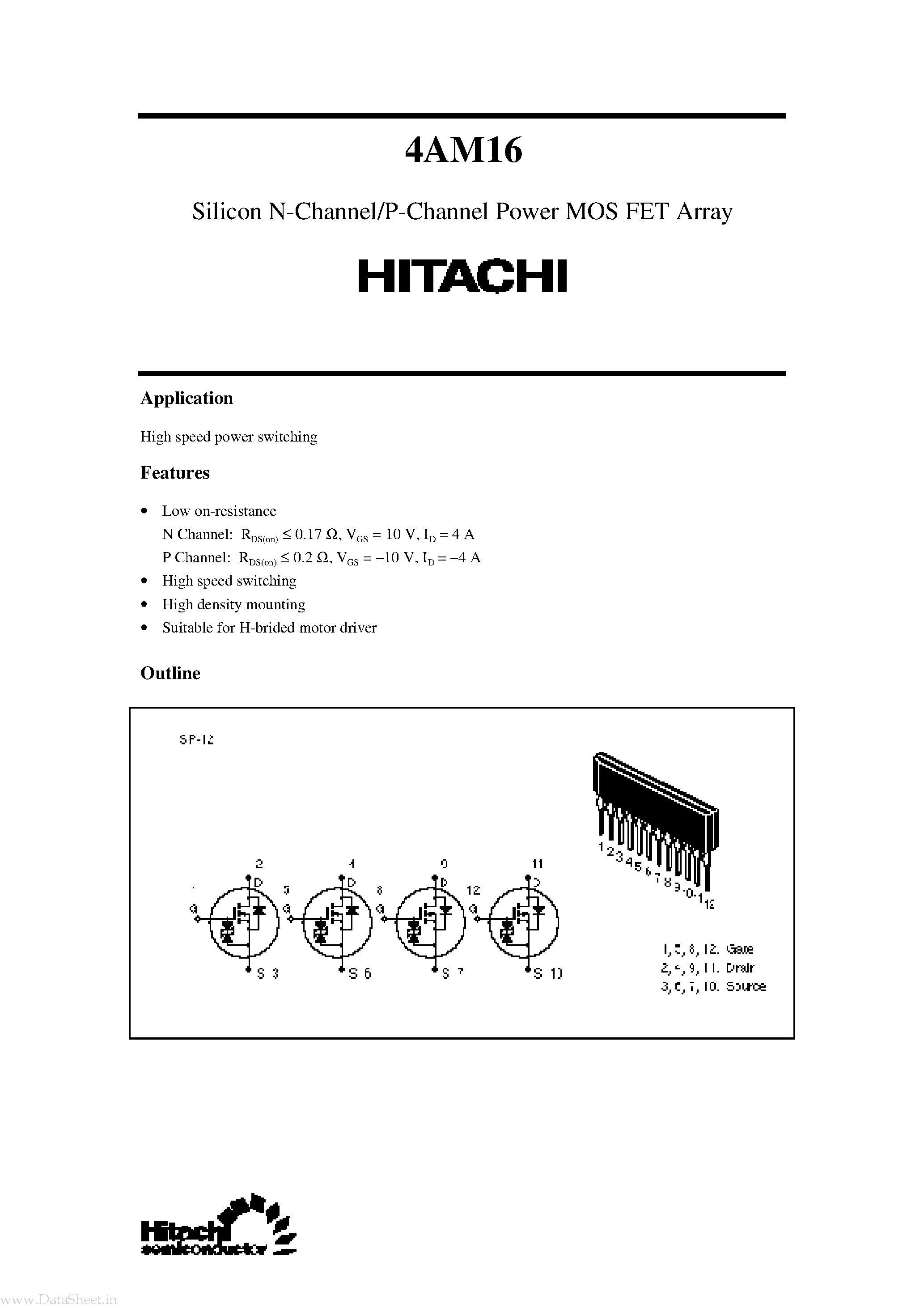 Datasheet 4AM16 - Silicon N-Channel/P-Channel Power MOS FET Array page 1