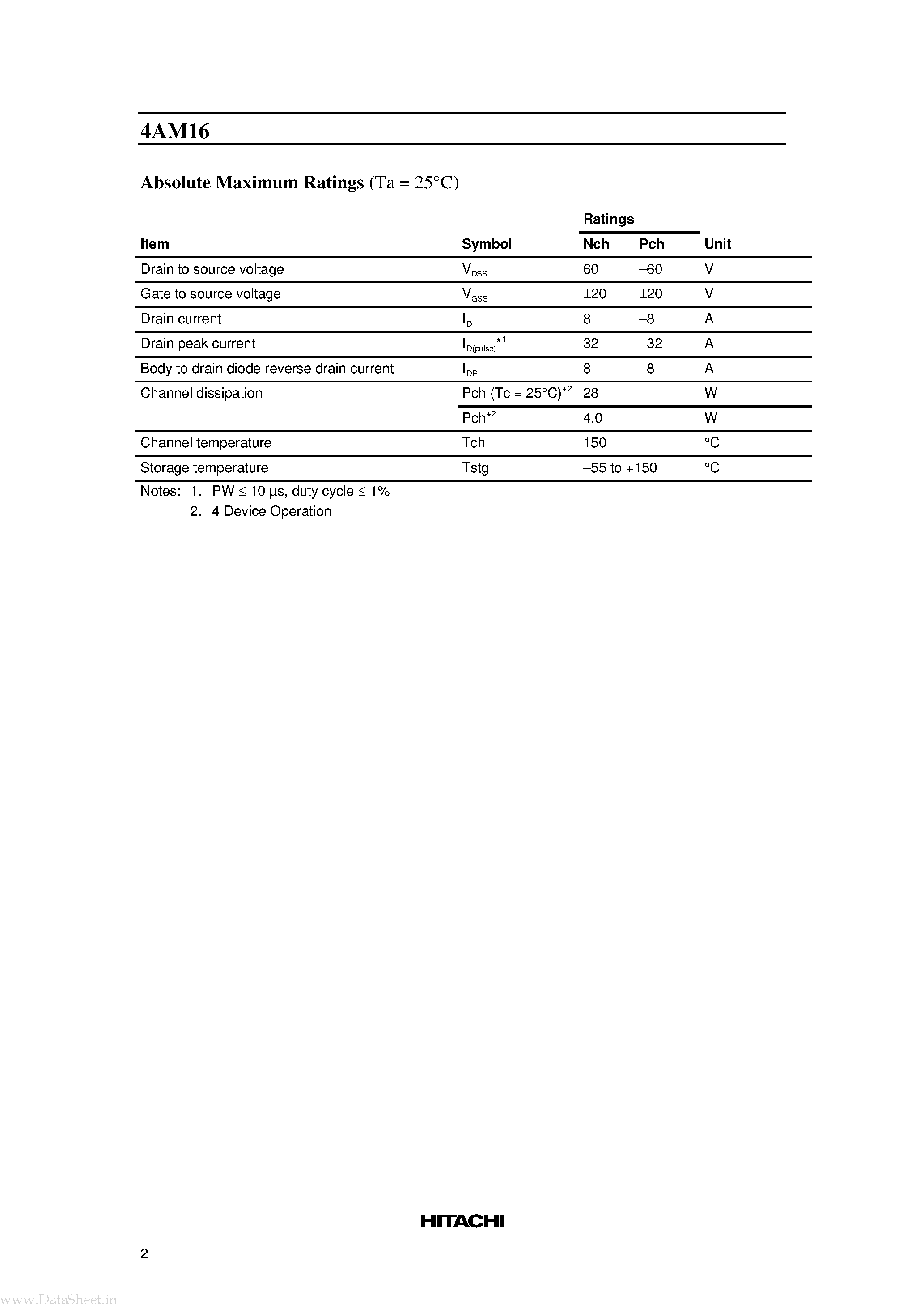 Datasheet 4AM16 - Silicon N-Channel/P-Channel Power MOS FET Array page 2