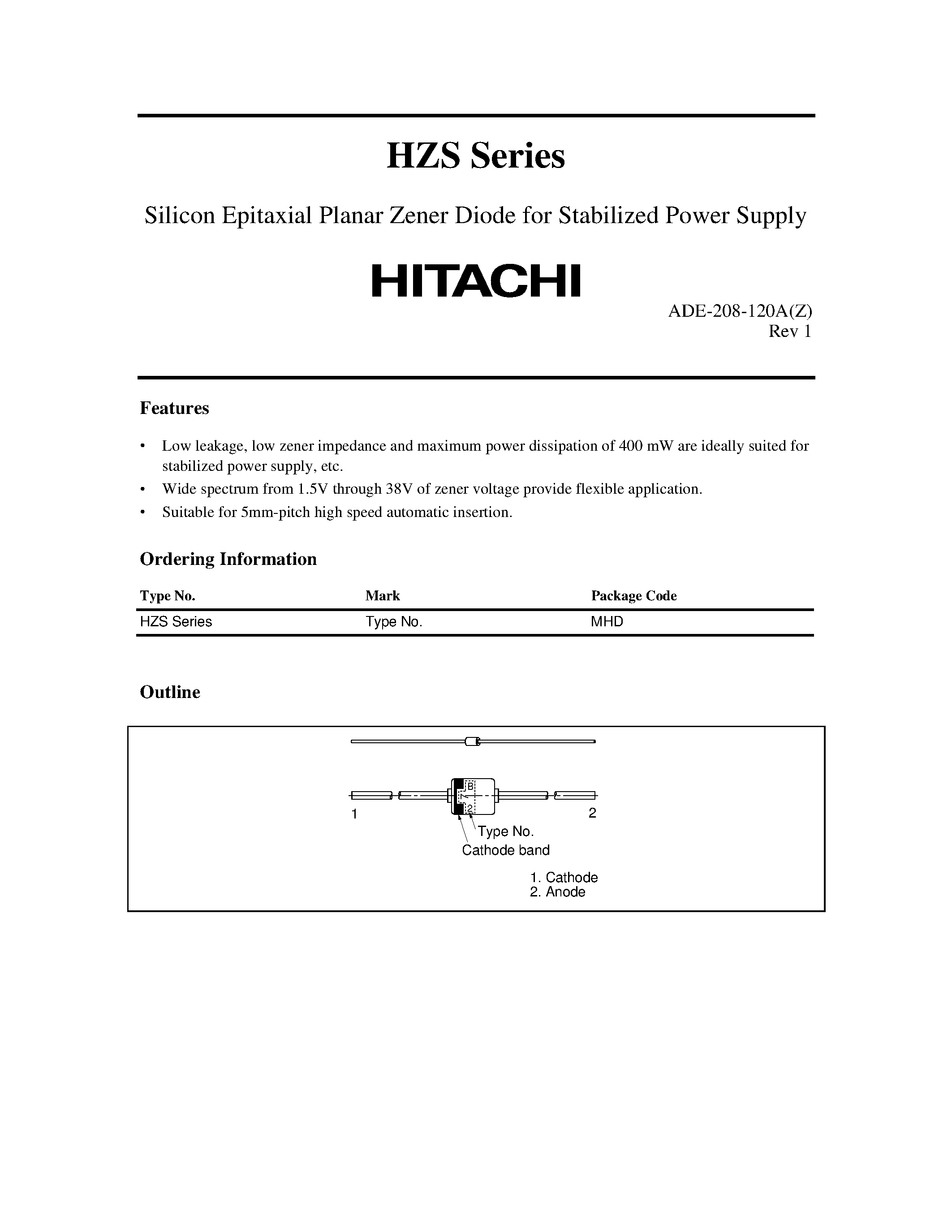 Datasheet HZS - Silicon Epitaxial Planar Zener Diode for Stabilized Power Supply page 1