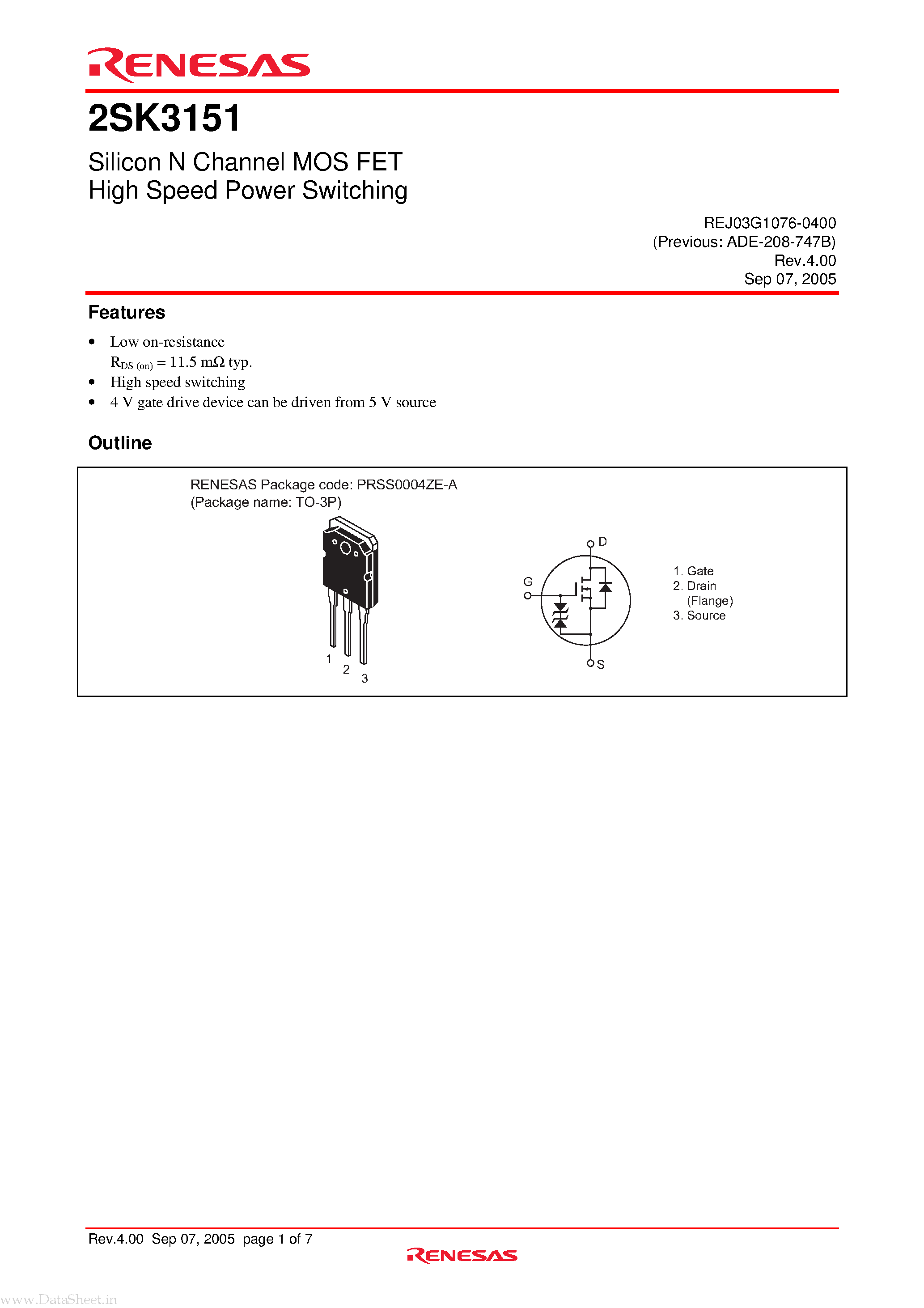 Datasheet K3151 page 1 Datasheet K3151 - Search -----> 2SK3151 page 1