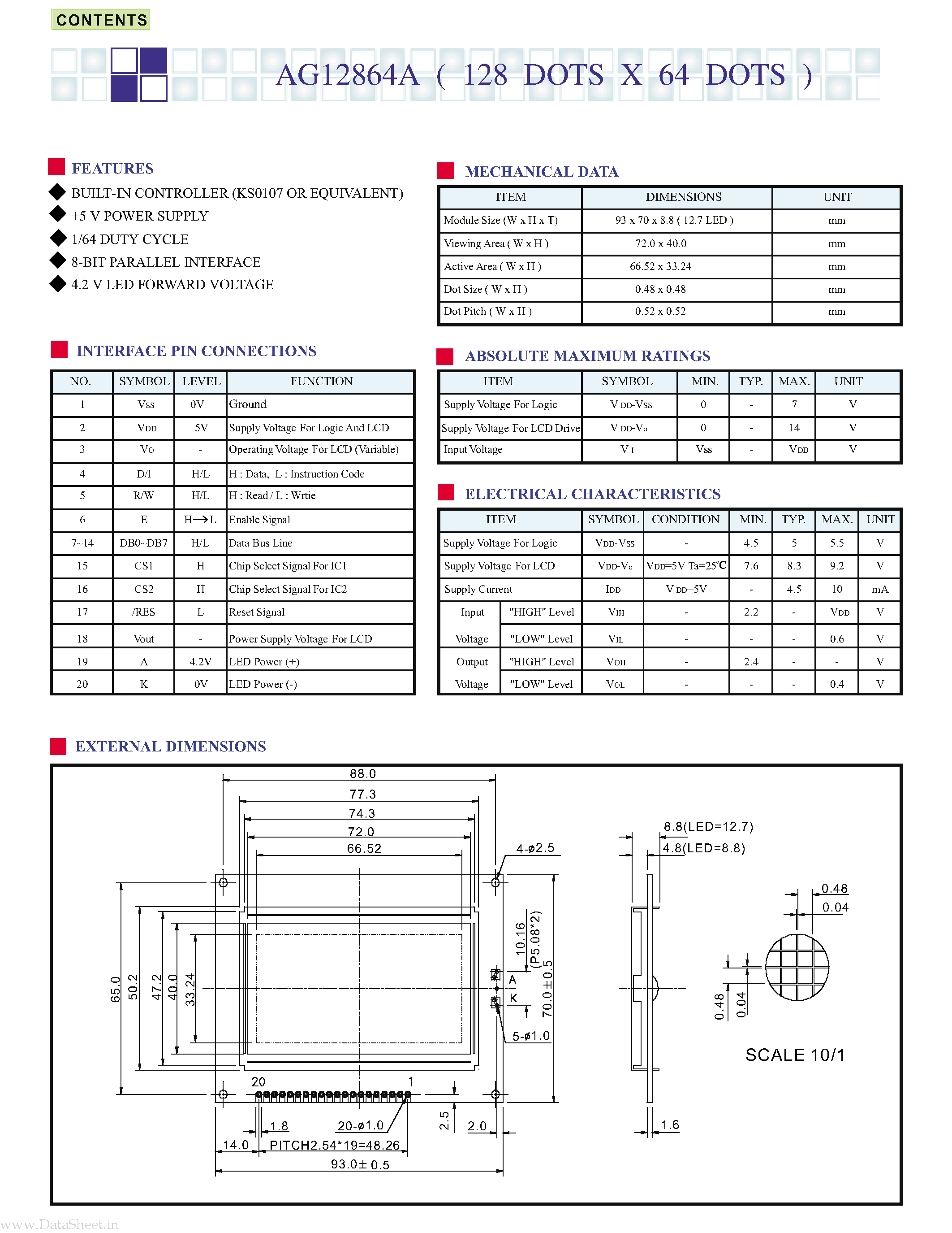 Datasheet AG12864A - 128 DOTS X 64 DOTS page 1