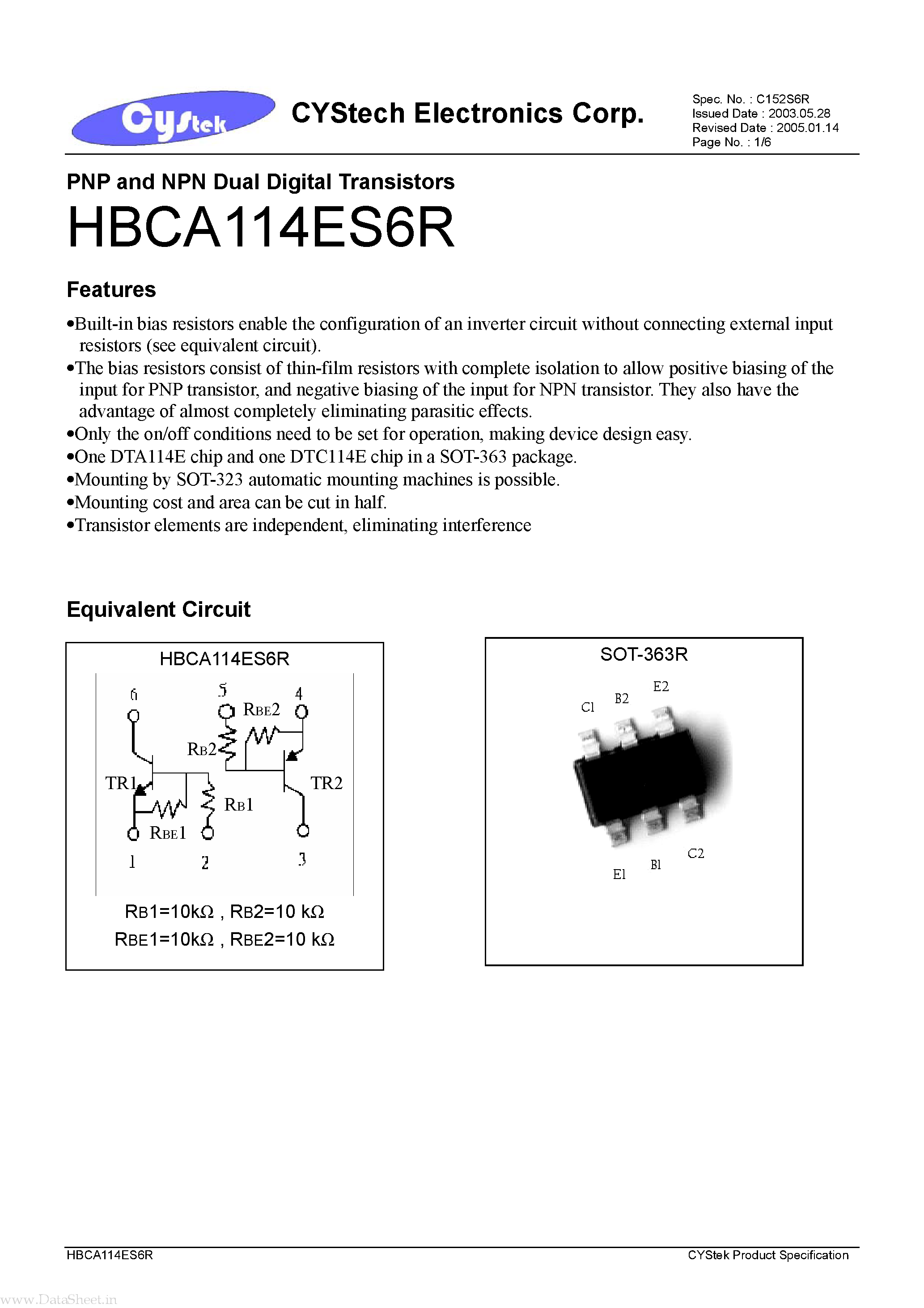 Даташит HBCA114ES6R - PNP and NPN Dual Digital Transistors страница 1