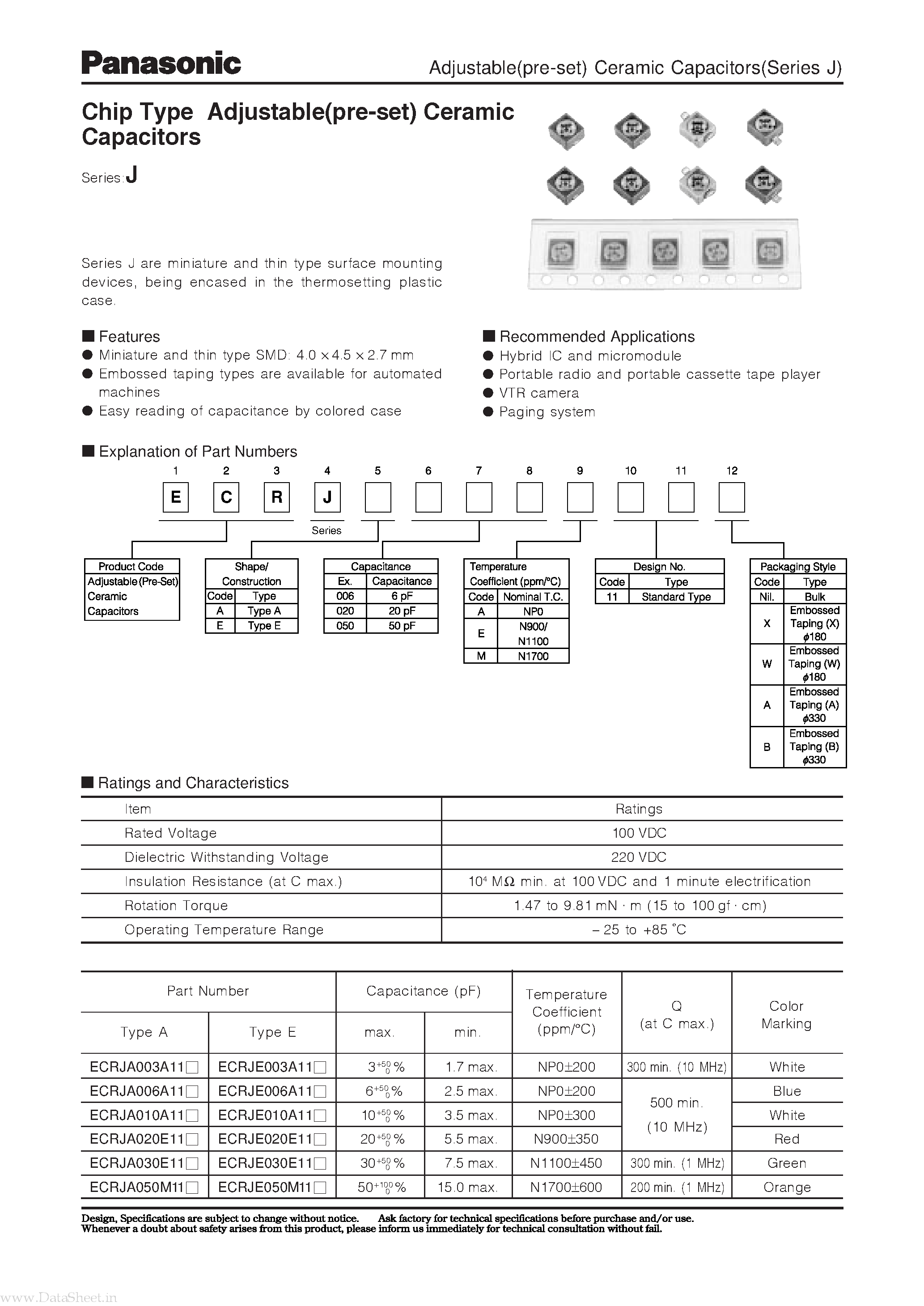 Datasheet ECRJA003A11x - Chip Type Adjustable(pre-set) Ceramic Capacitors page 1