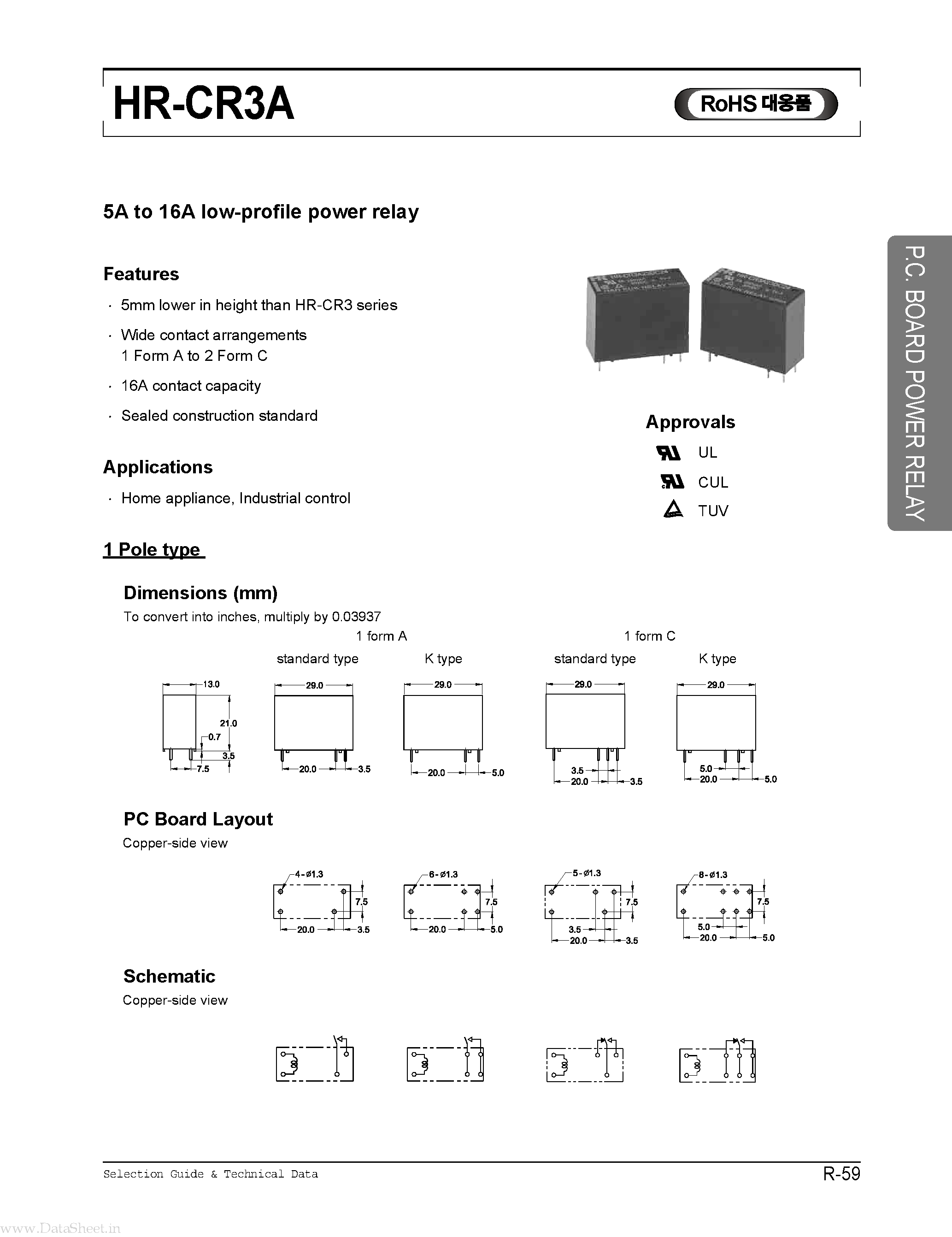 Даташит HR-CR3A - 5A to 16A low-profile power relay страница 1