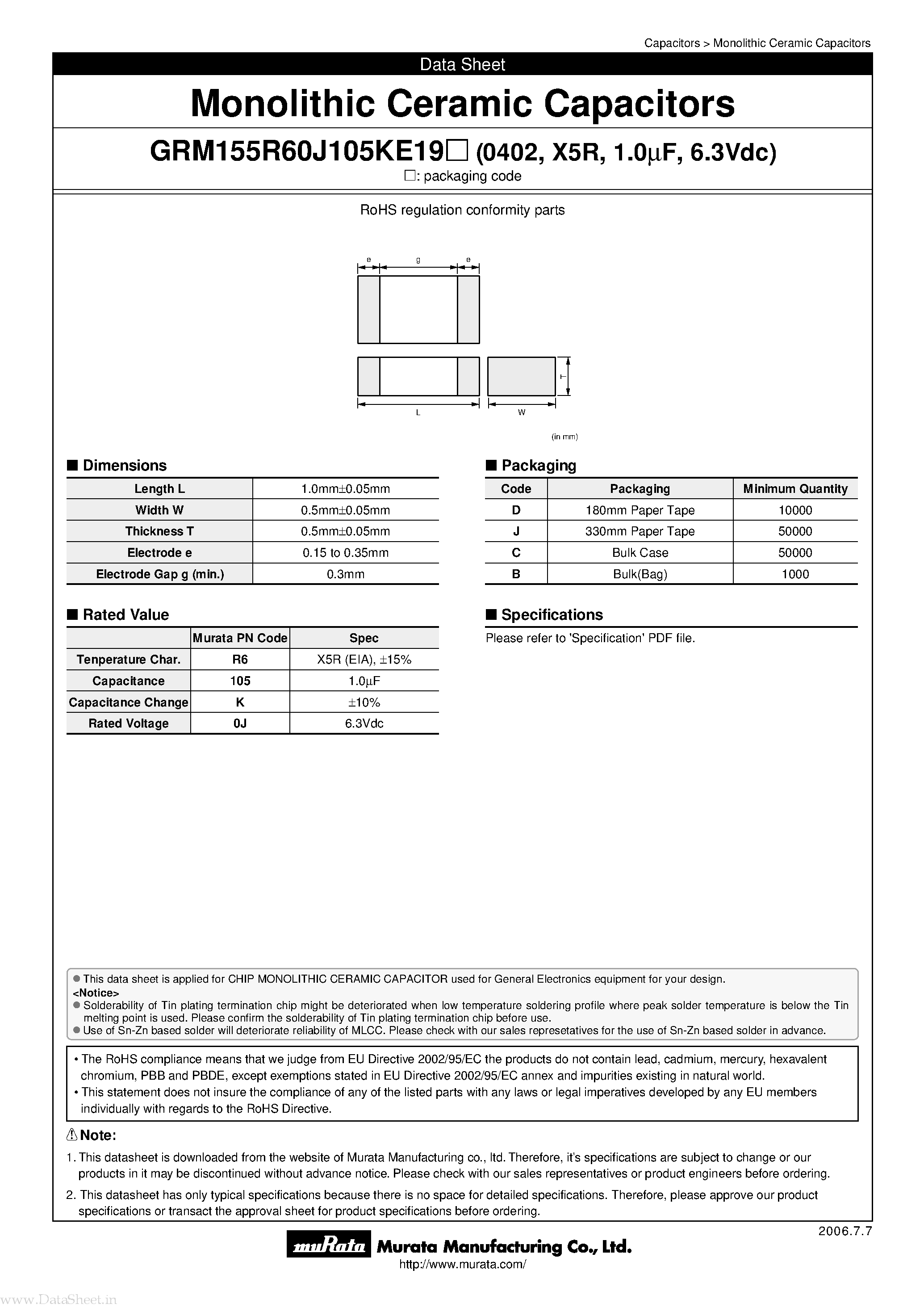 Datasheet GRM155R60J105KE19 - Monolithic Ceramic Capacitors page 1