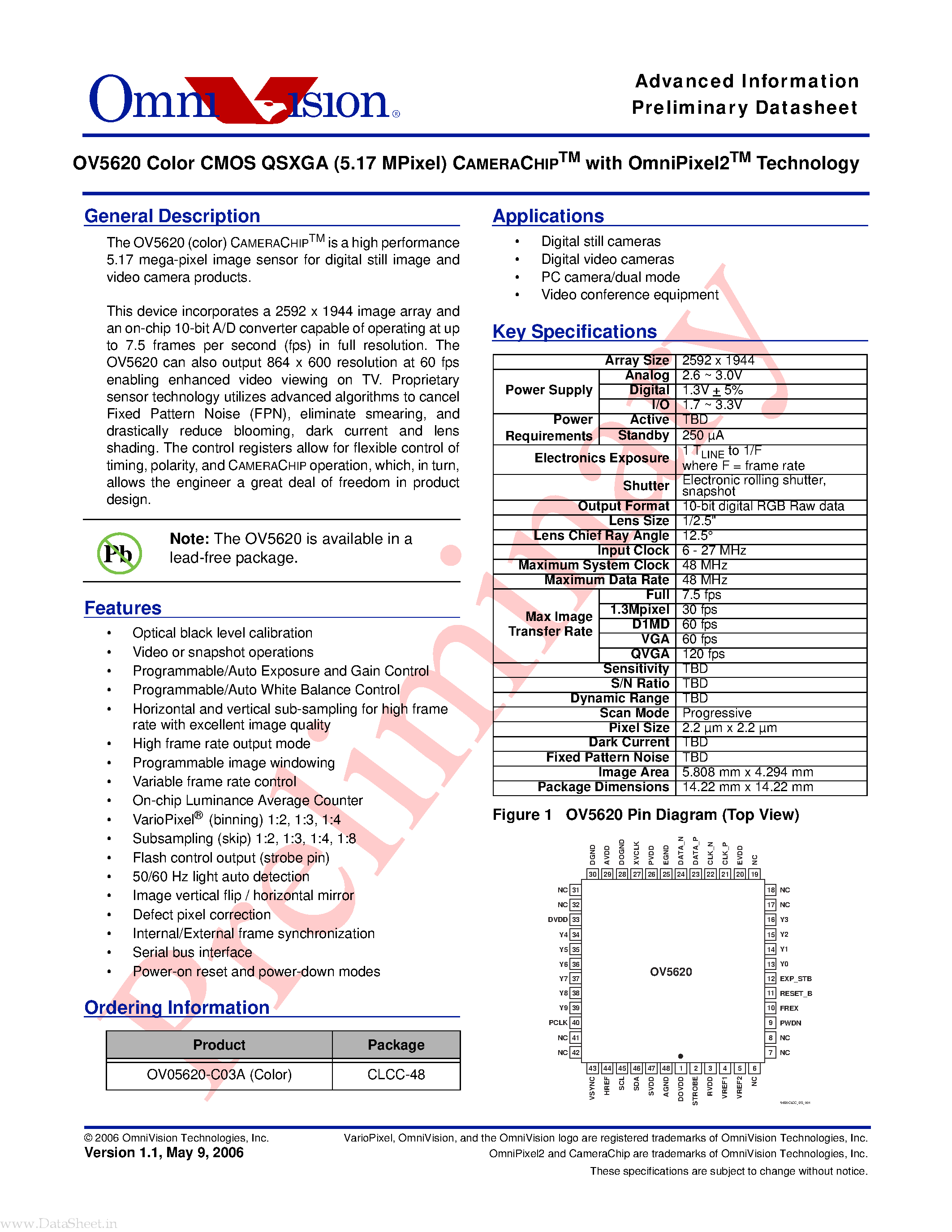 Datasheet OV5620 - Color CMOS QSXGA (5.17 MPixel) CAMERACHIP page 1