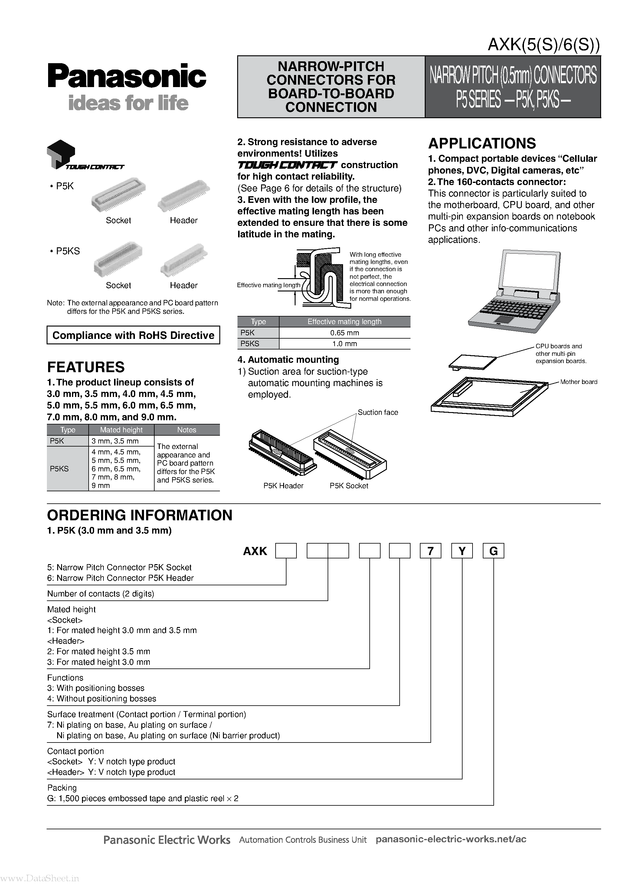 Даташит AXK500147BN1J - NARROW-PITCH CONNECTORS страница 1