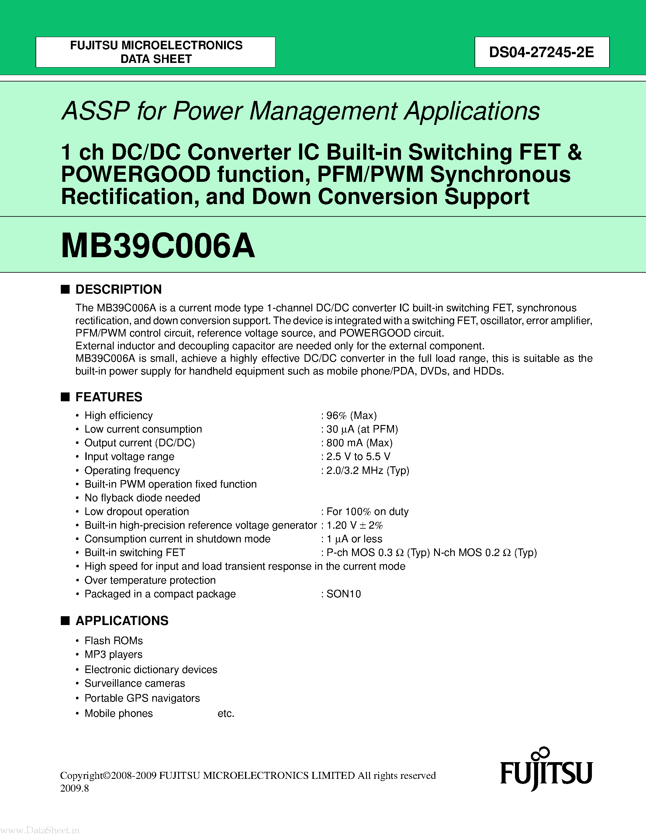 Datasheet MB39C006A - 1 ch DC/DC Converter IC Built-in Switching FET & POWERGOOD function page 1