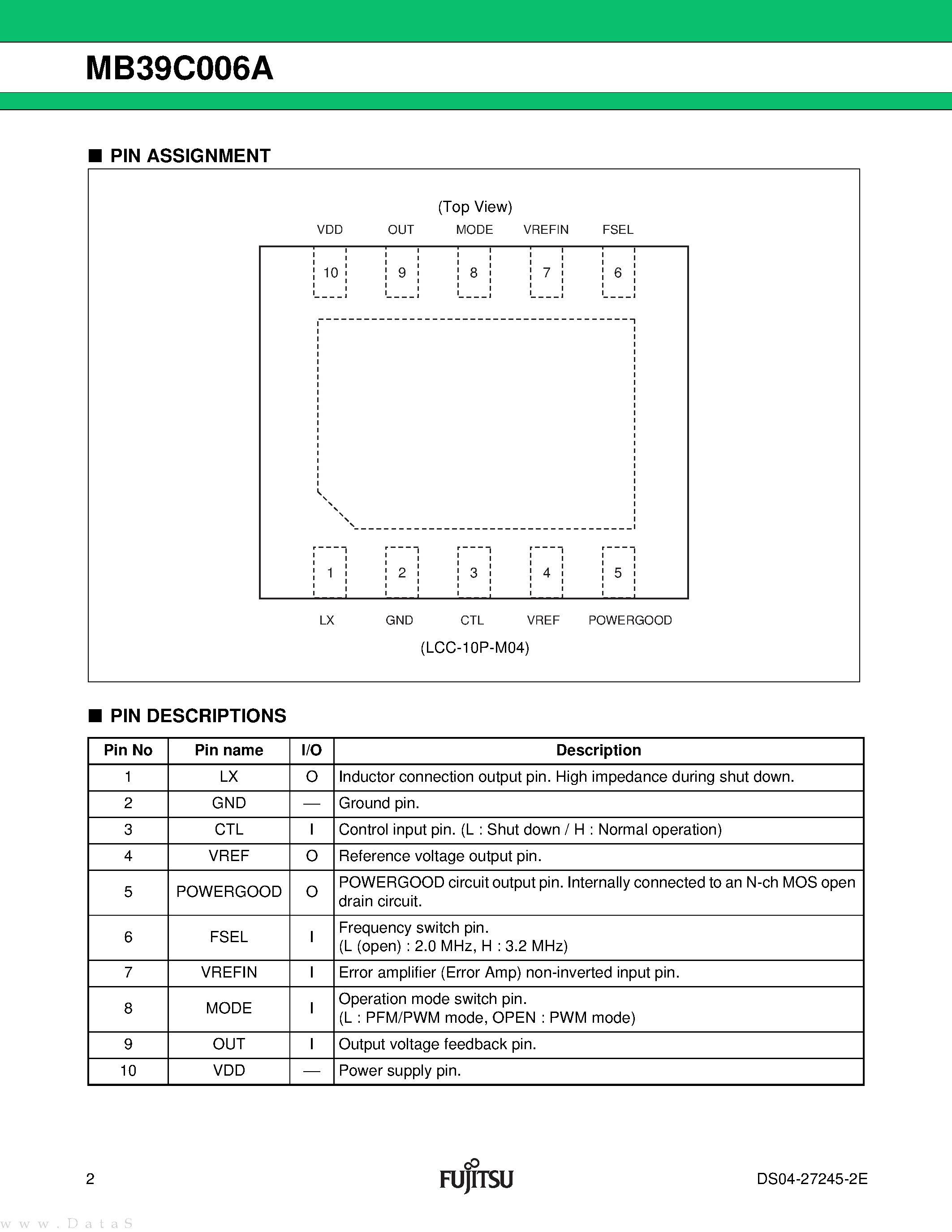 Datasheet MB39C006A - 1 ch DC/DC Converter IC Built-in Switching FET & POWERGOOD function page 2