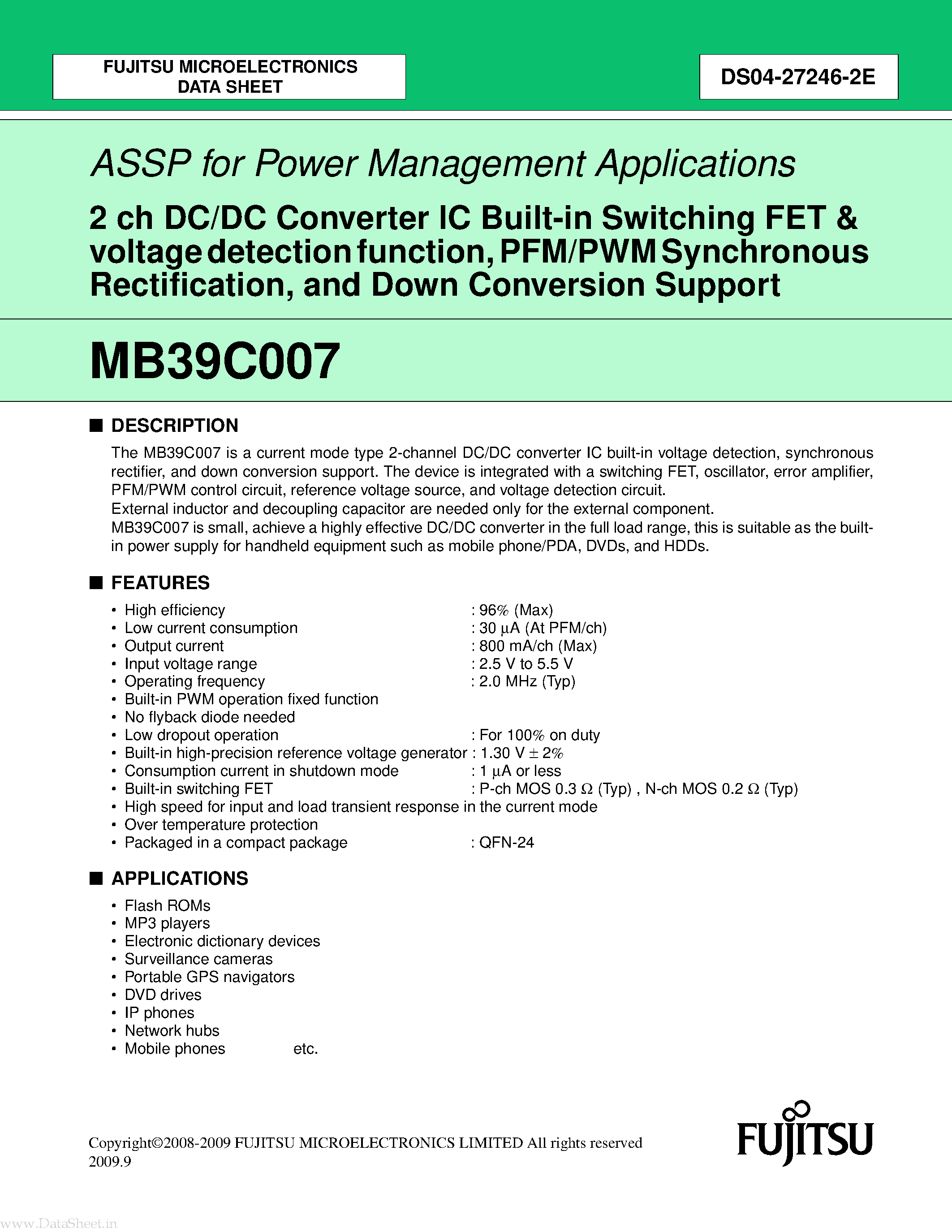 Datasheet MB39C007 - 2 ch DC/DC Converter IC Built-in Switching FET & voltage detection function page 1