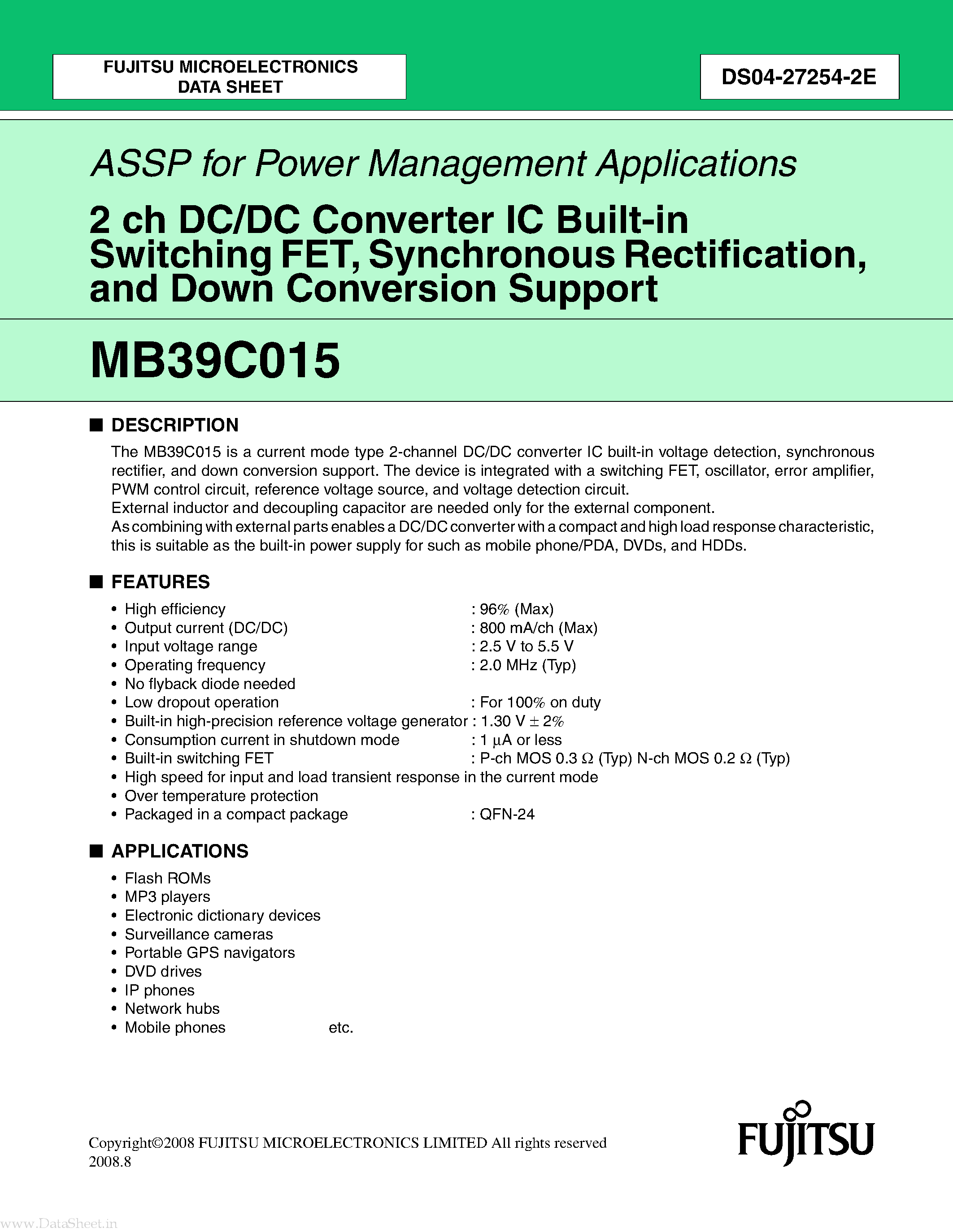 Datasheet MB39C015 - 2 ch DC/DC Converter IC Built-in Switching FET page 1