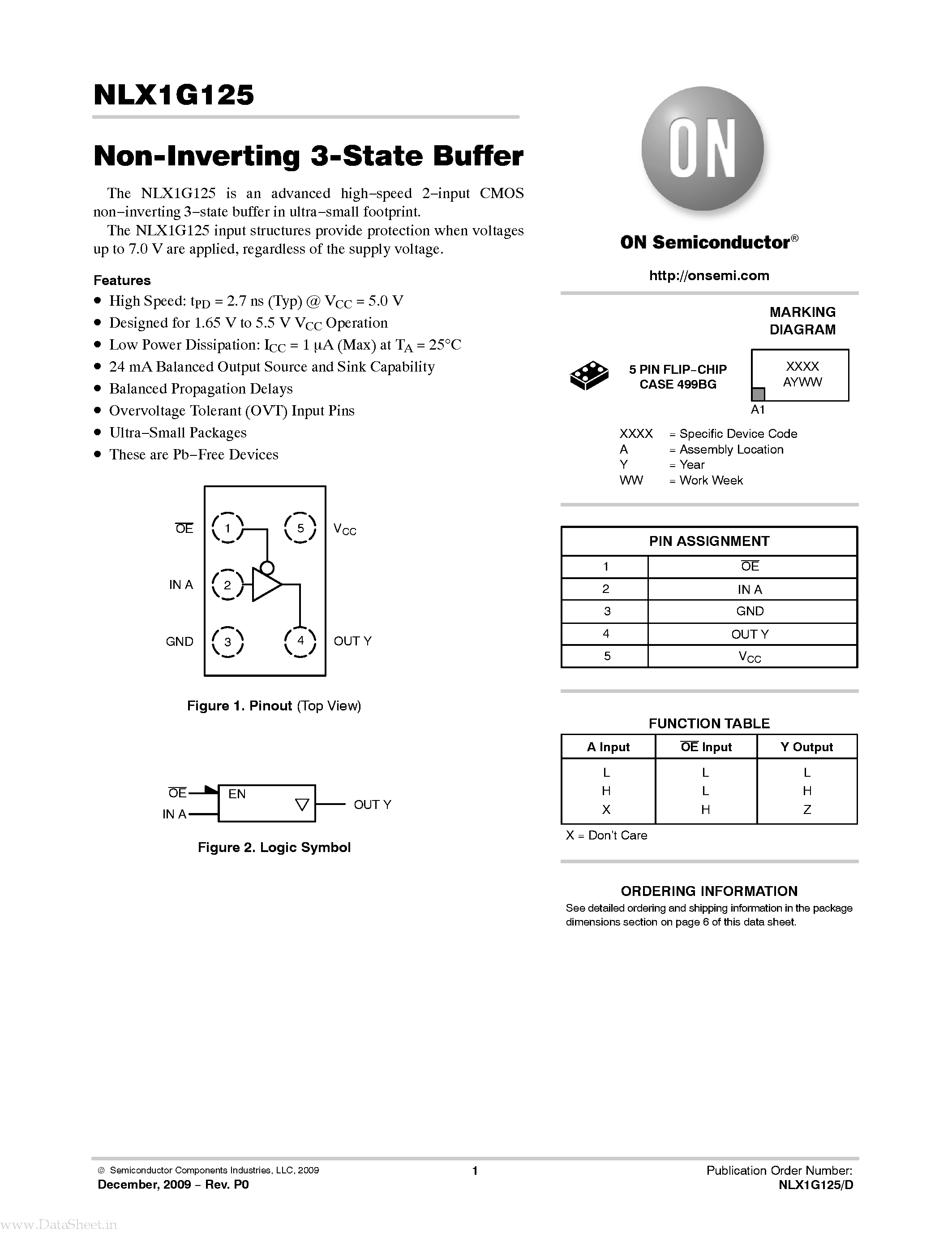Datasheet NLX1G125 page 1 Datasheet NLX1G125 - Non-Inverting 3-State Buffer page 1
