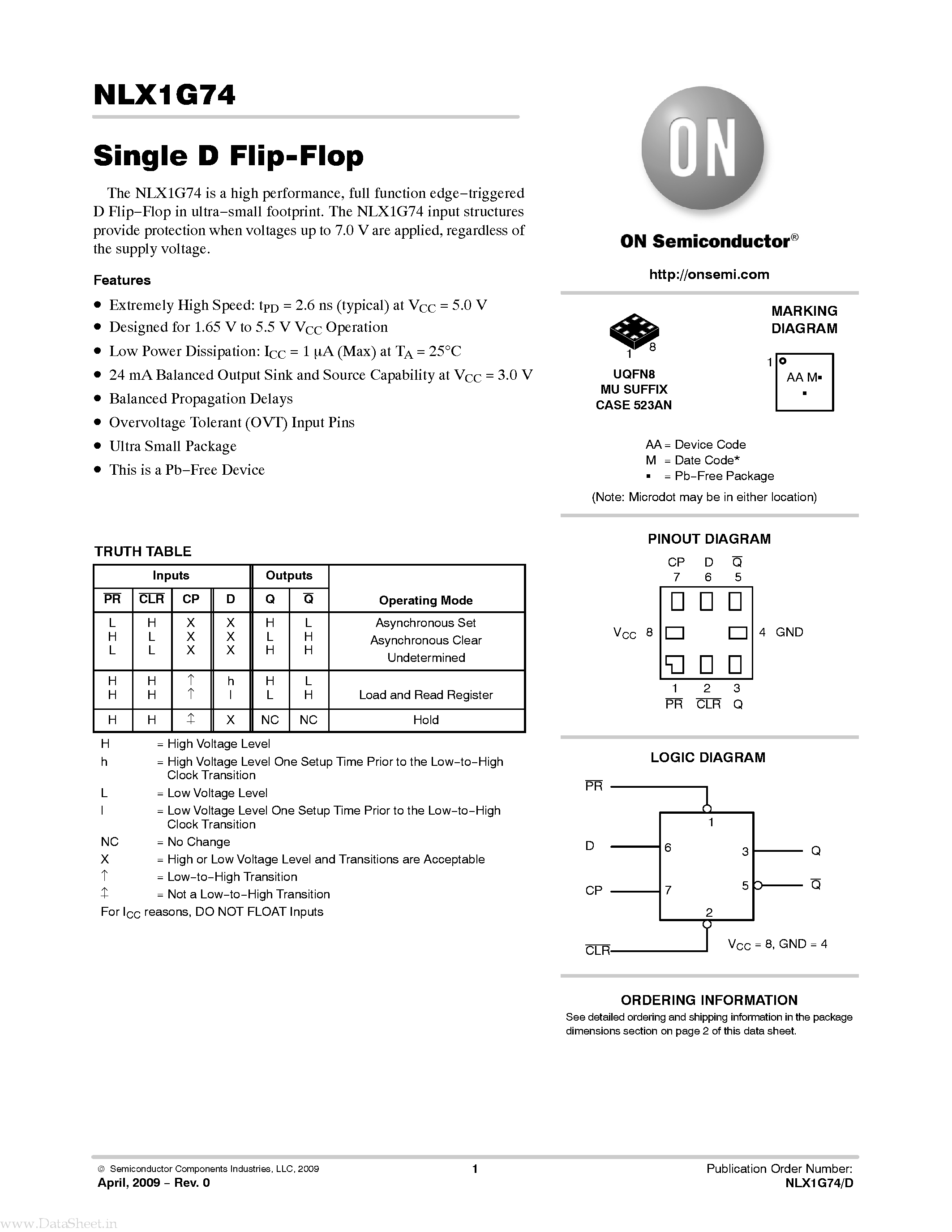 Даташит NLX1G74 - Single D Flip-Flop страница 1