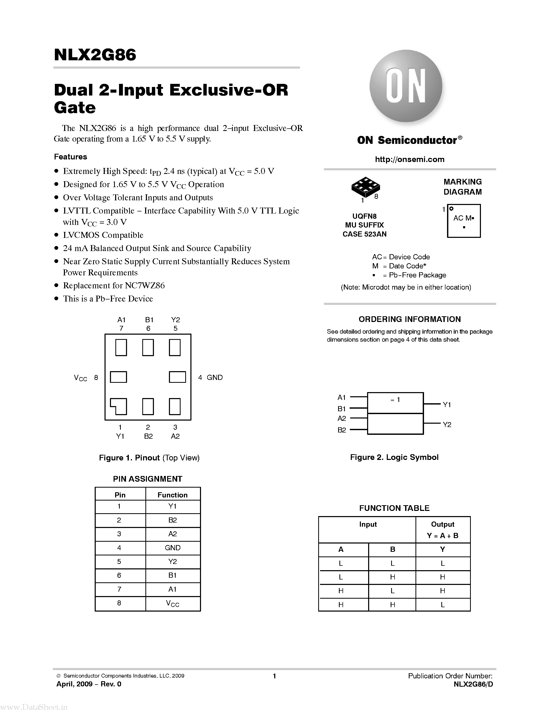 Datasheet NLX2G86 - Dual 2-Input Exclusive-OR Gate page 1