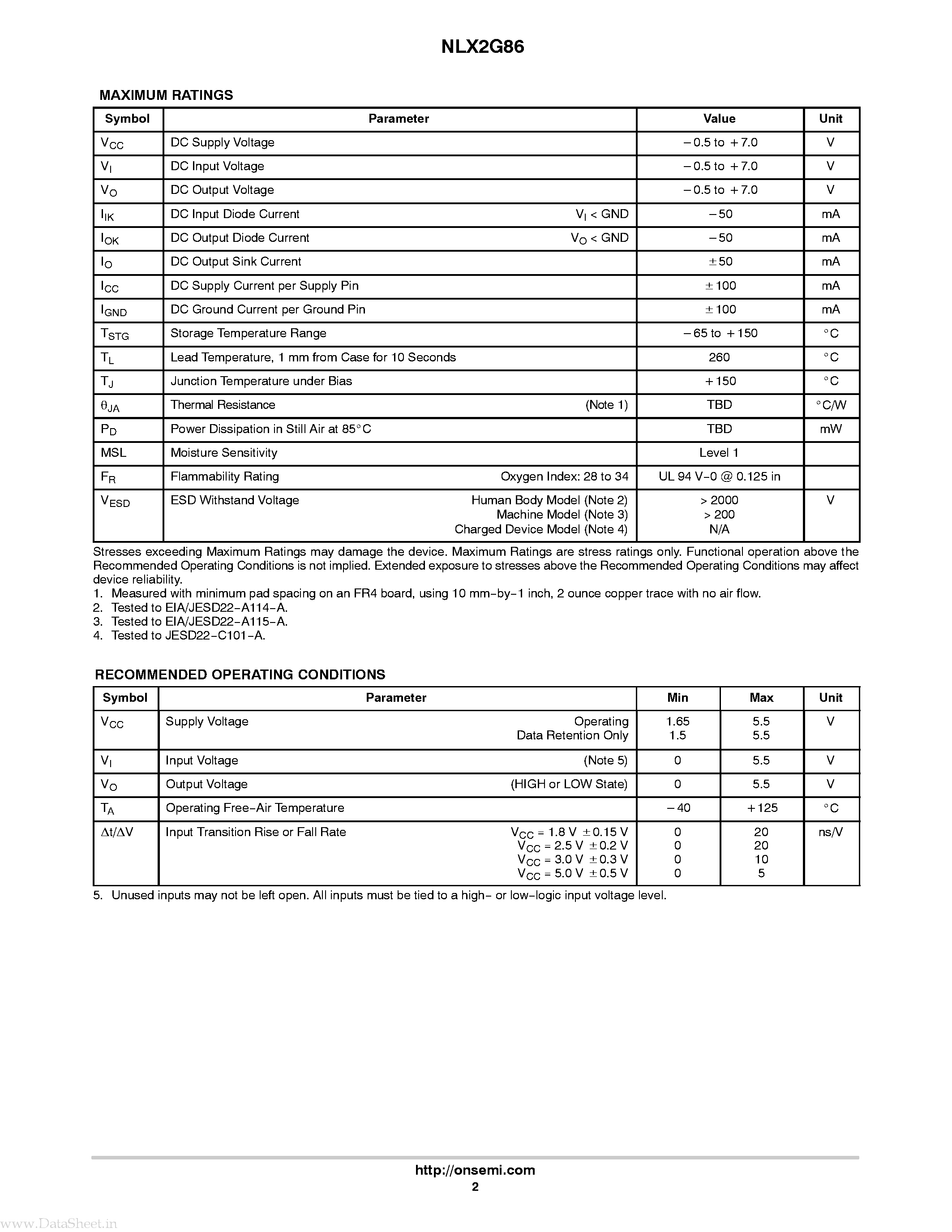 Datasheet NLX2G86 - Dual 2-Input Exclusive-OR Gate page 2
