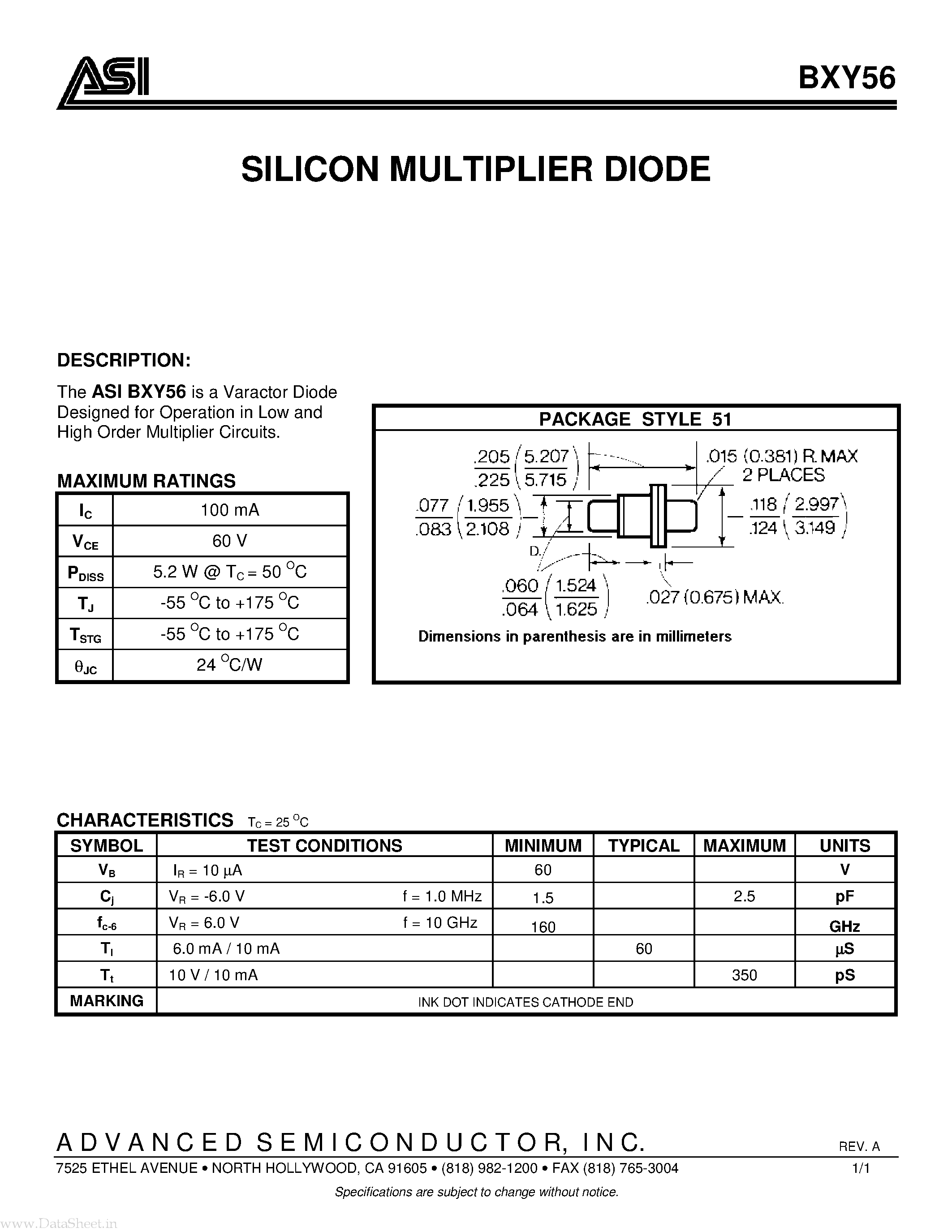 Datasheet BXY56 - SILICON MULTIPLIER DIODE page 1