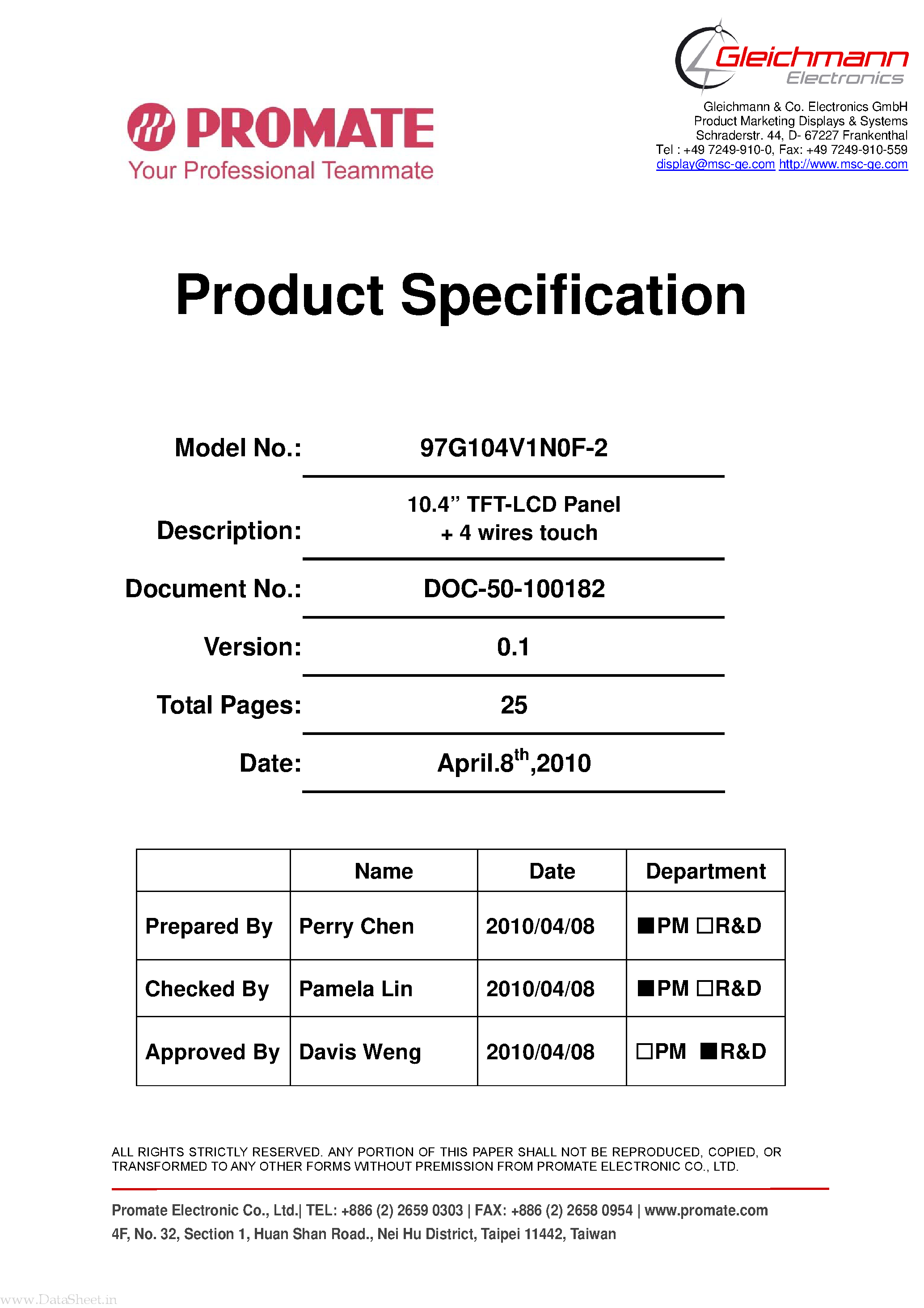 Datasheet 97G104V1N0F-2 - TFT-LCD Panel page 1