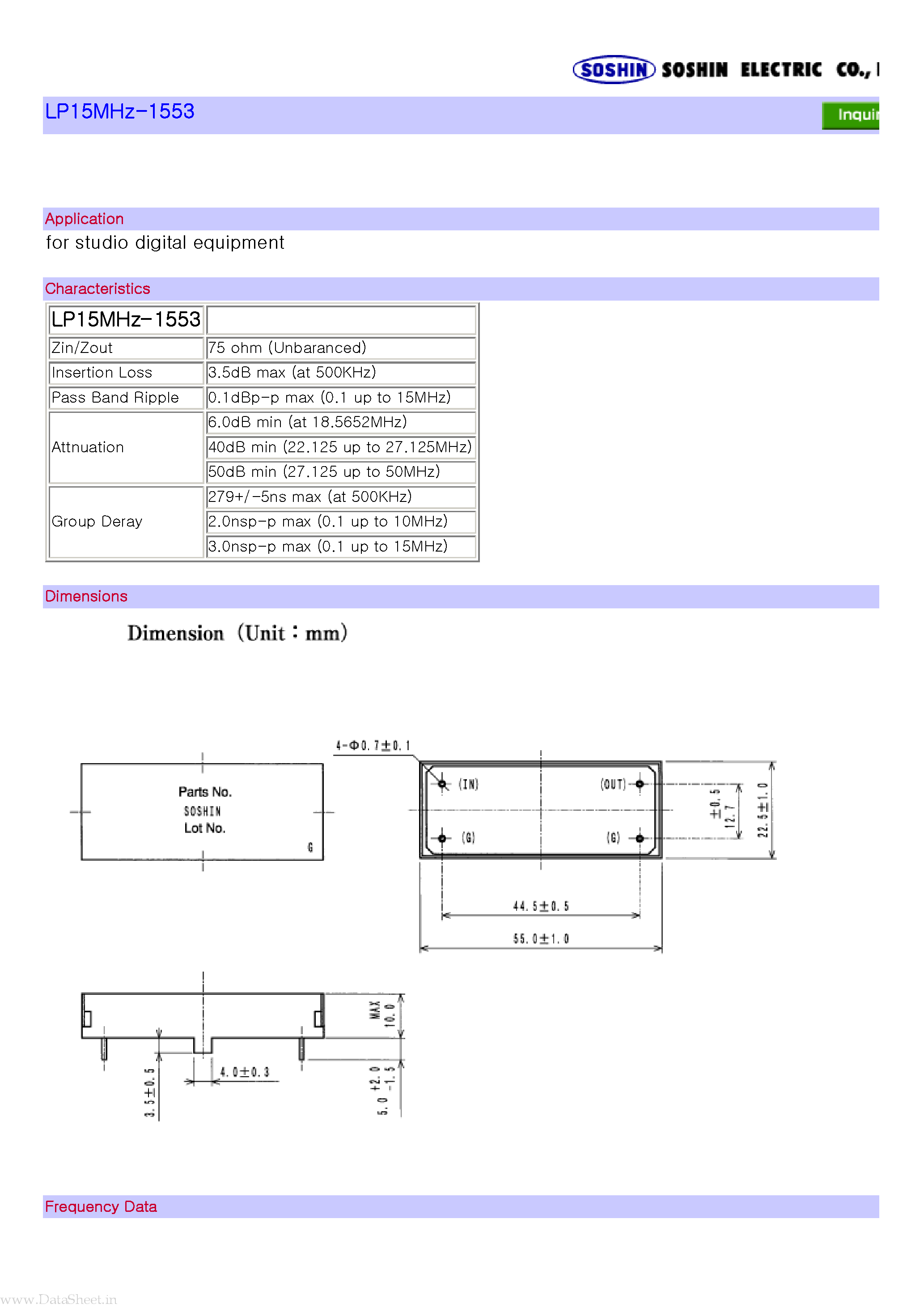 Datasheet LP15MHz-1553 page 1 Datasheet LP15MHz-1553 - for studio digital equipment page 1