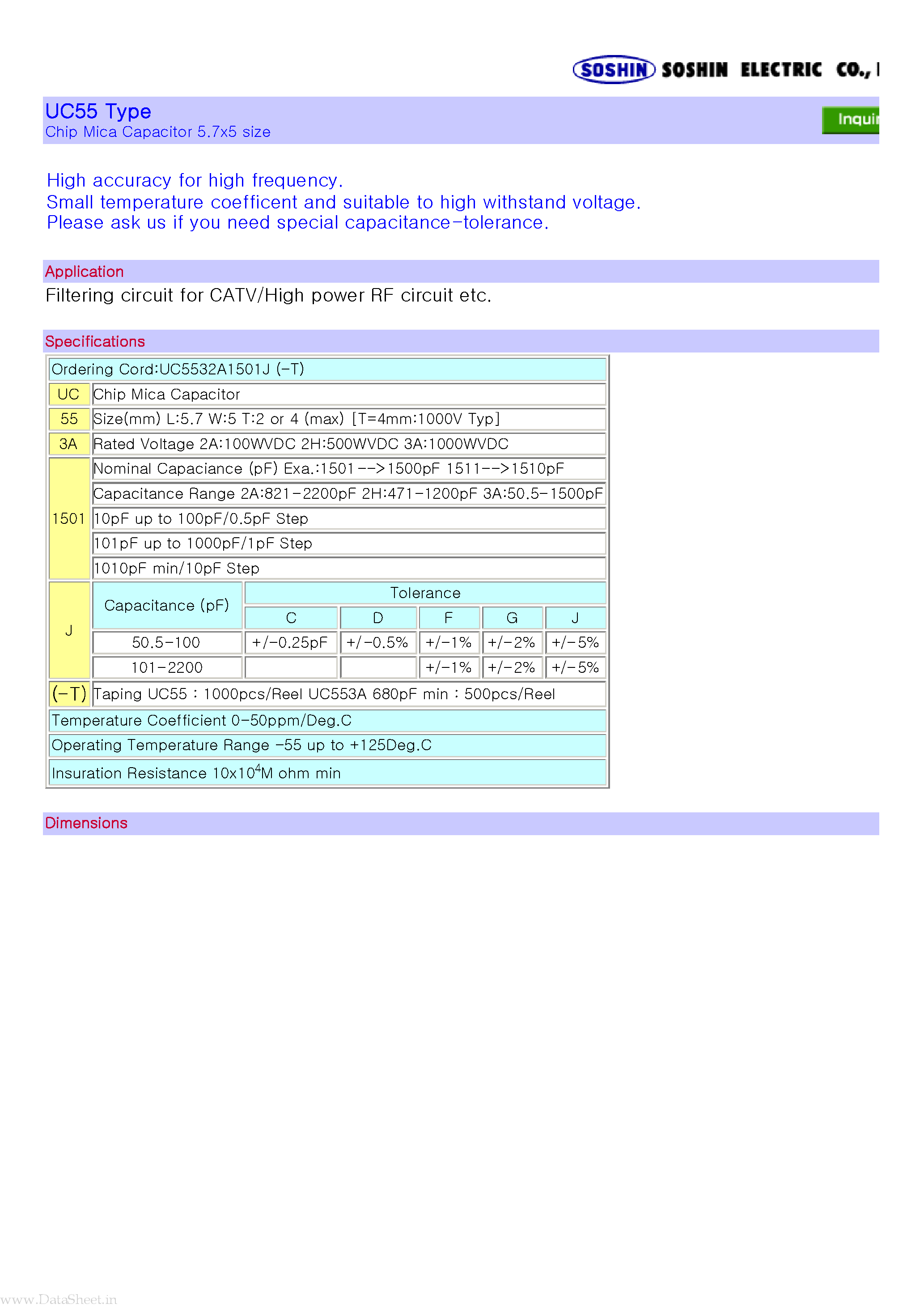 Datasheet UC55 - Chip Mica Capacitor 5.7x5 size page 1