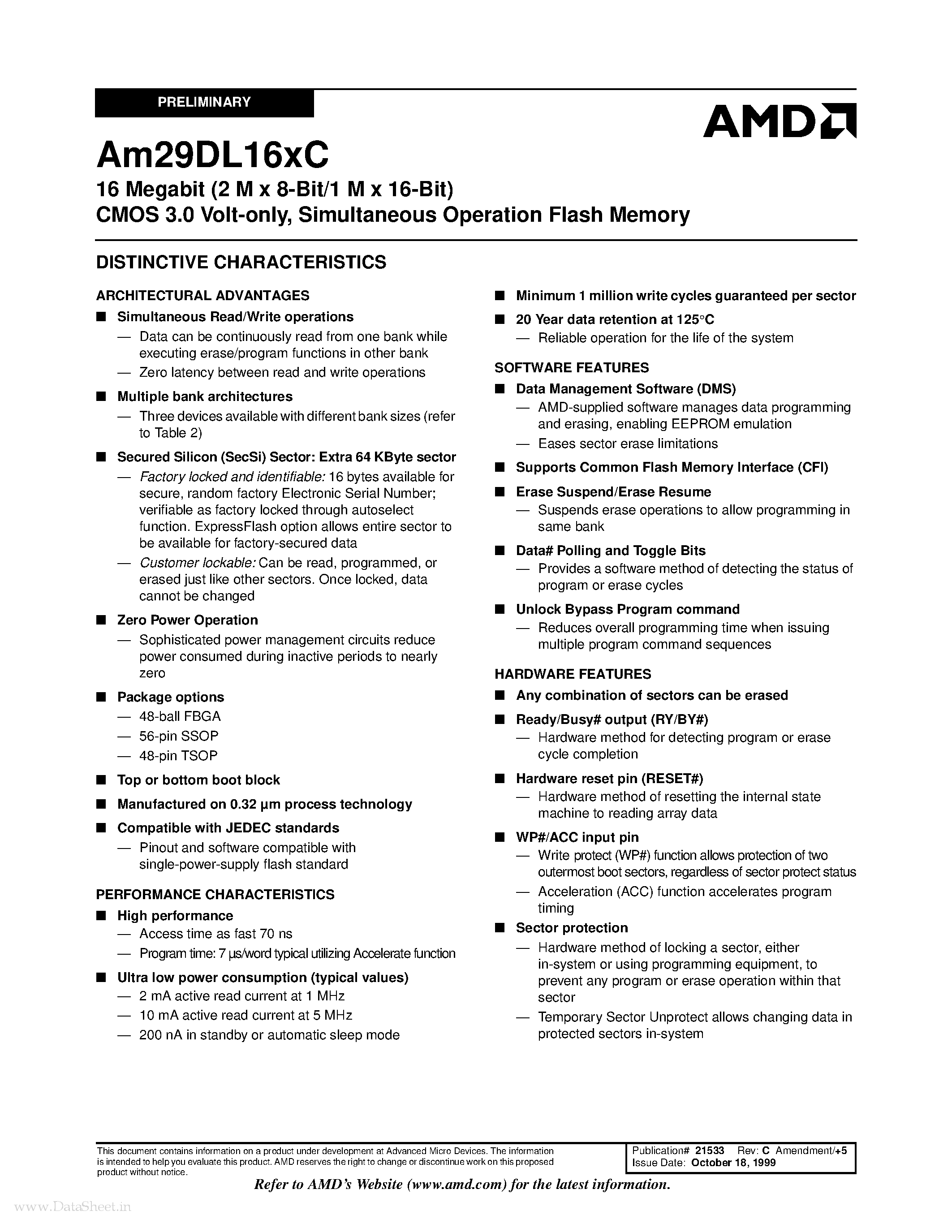 Datasheet Am29DL16xC - Simultaneous Operation Flash Memory page 1
