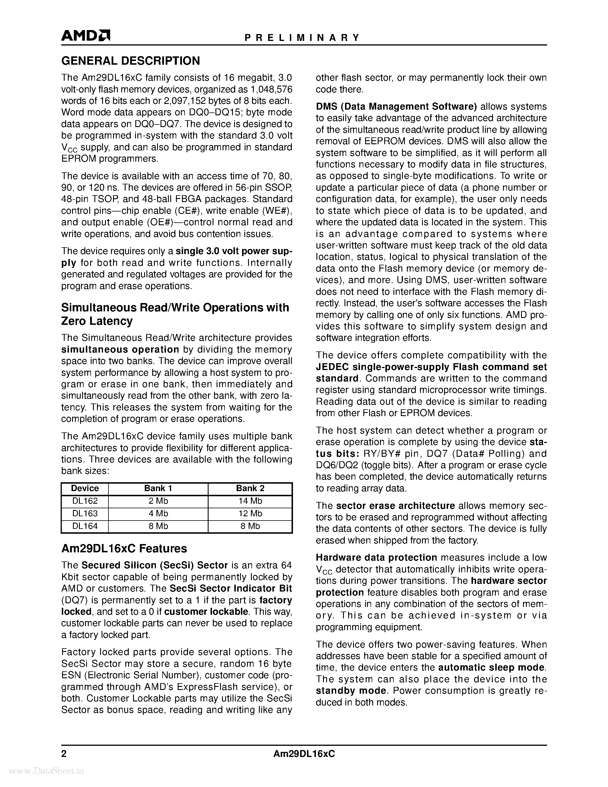 Datasheet Am29DL16xC - Simultaneous Operation Flash Memory page 2