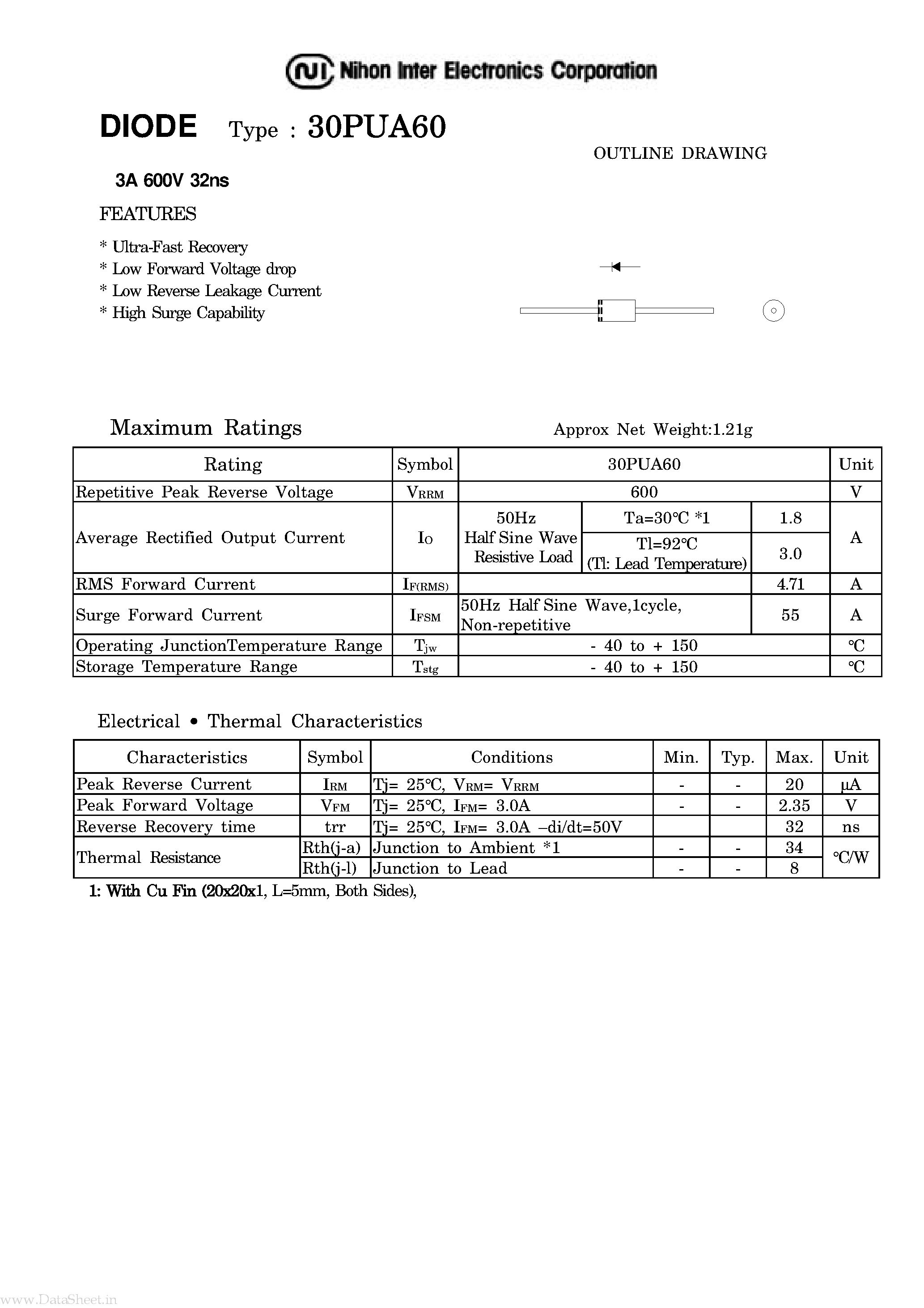 Datasheet 30PUA60 page 1 Datasheet 30PUA60 - DIODE page 1