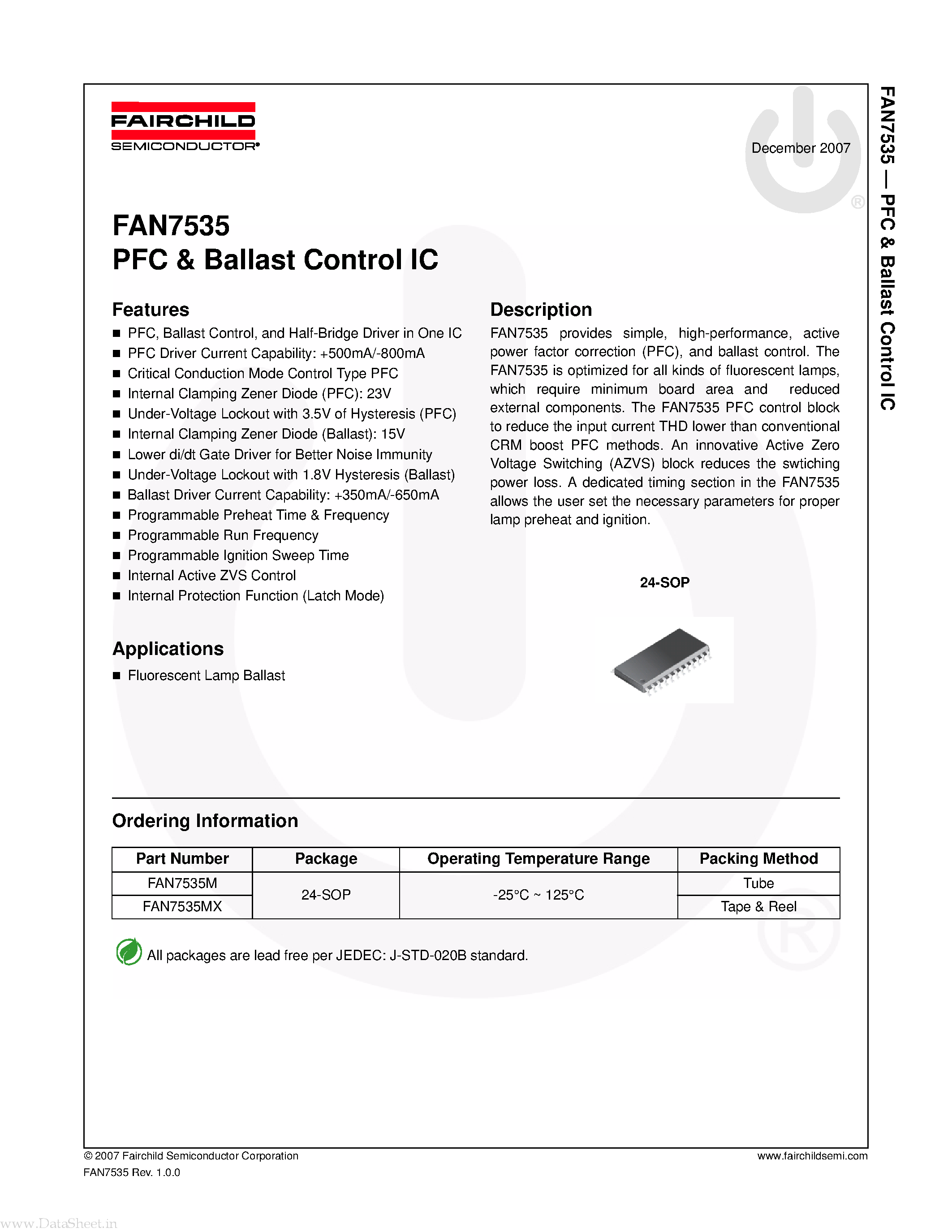 Даташит FAN7535 - PFC & Ballast Control IC страница 1