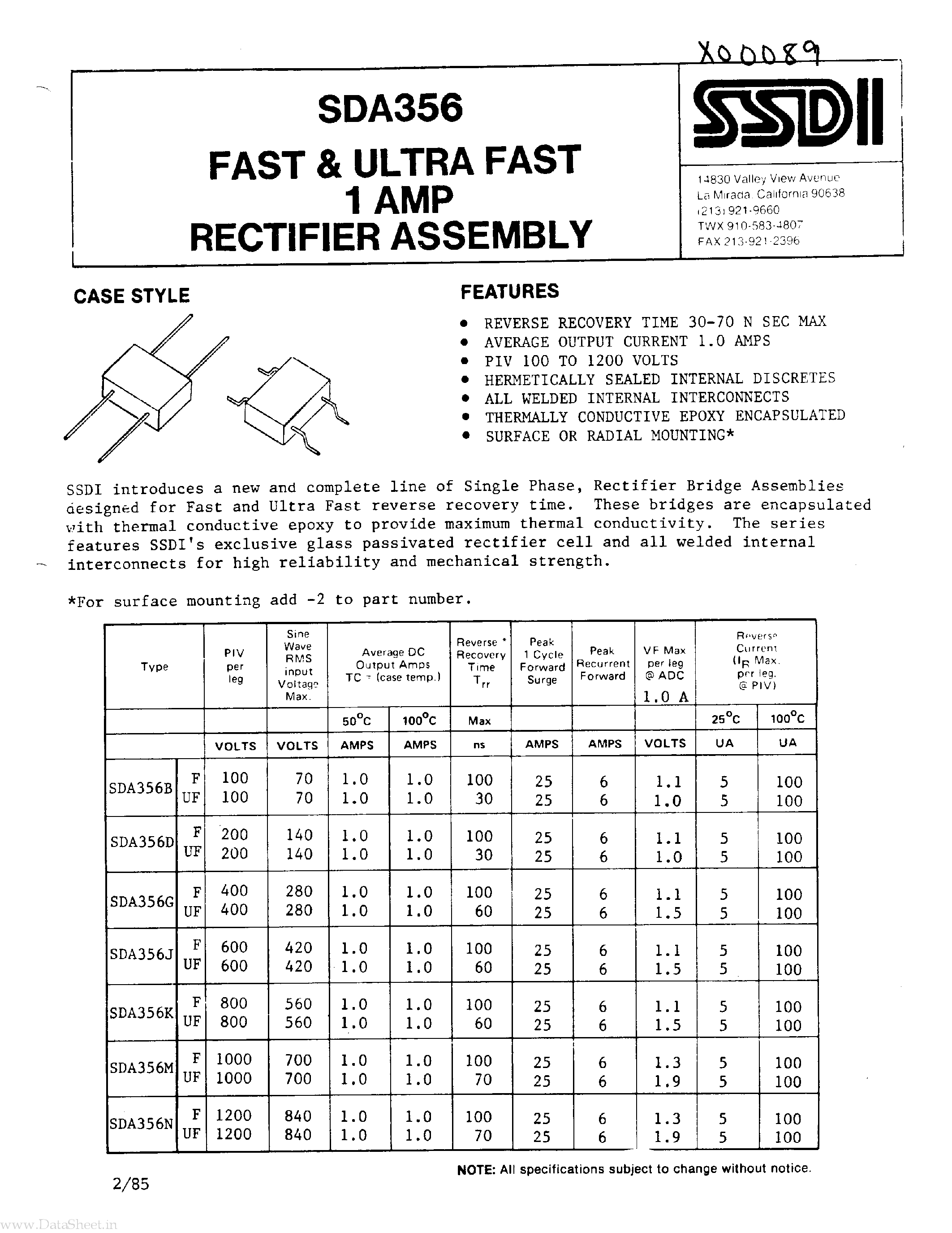 Datasheet SDA356 page 1 Datasheet SDA356 - FAST & ULTRA FAST 1 AMP RECTIFIER ASSEMBLY page 1