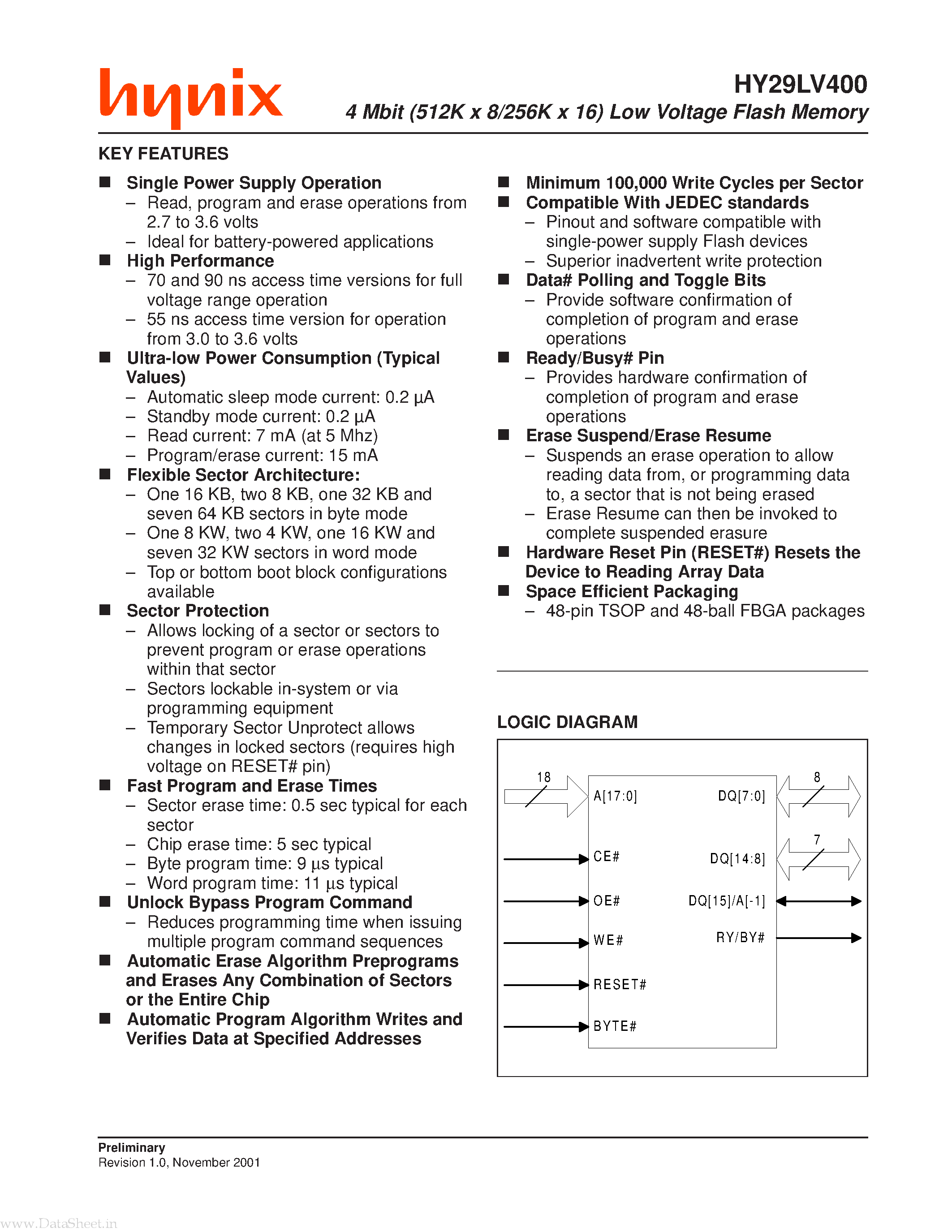 Datasheet HY29LV400 - 4 Mbit (512K x 8/256K x 16) Low Voltage Flash Memory page 1