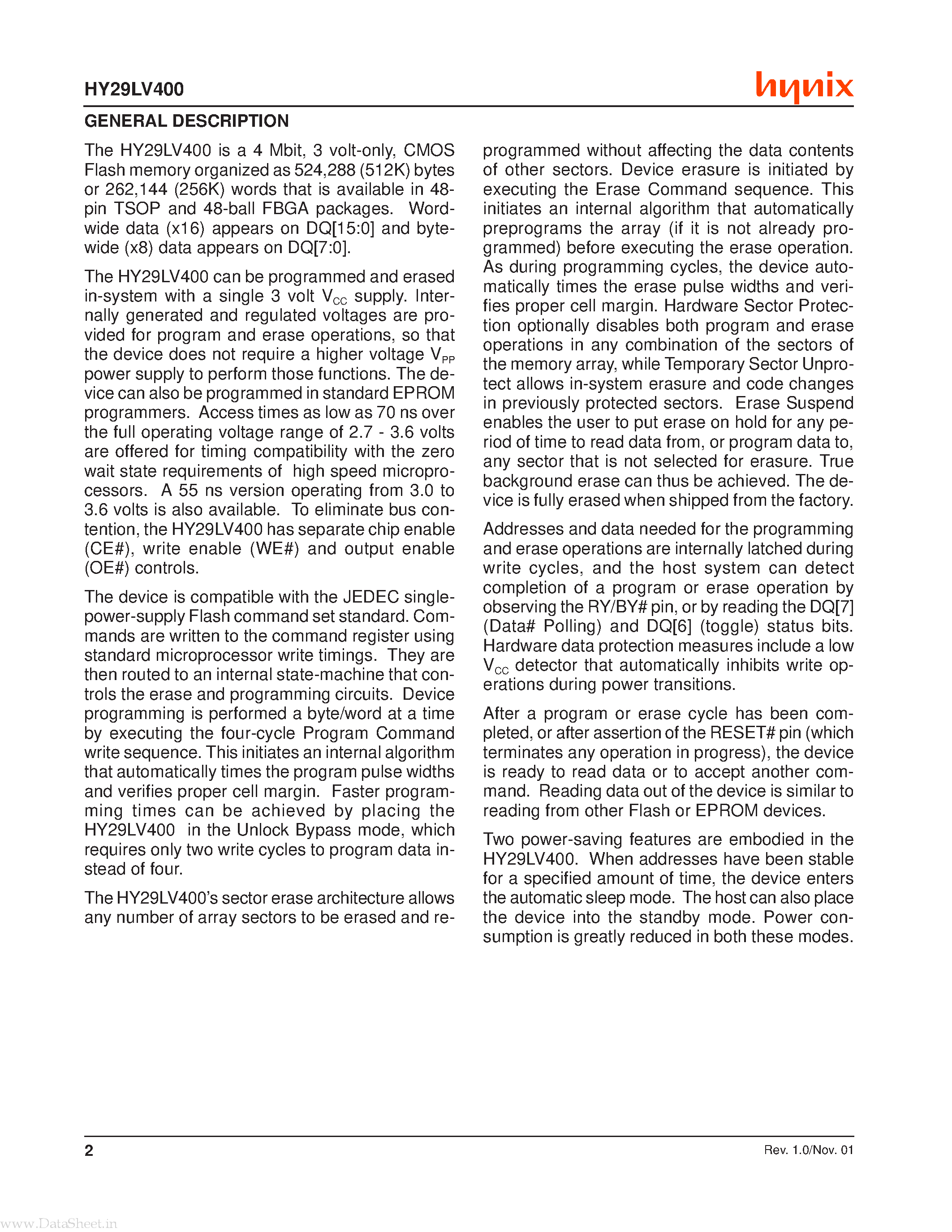 Datasheet HY29LV400 - 4 Mbit (512K x 8/256K x 16) Low Voltage Flash Memory page 2
