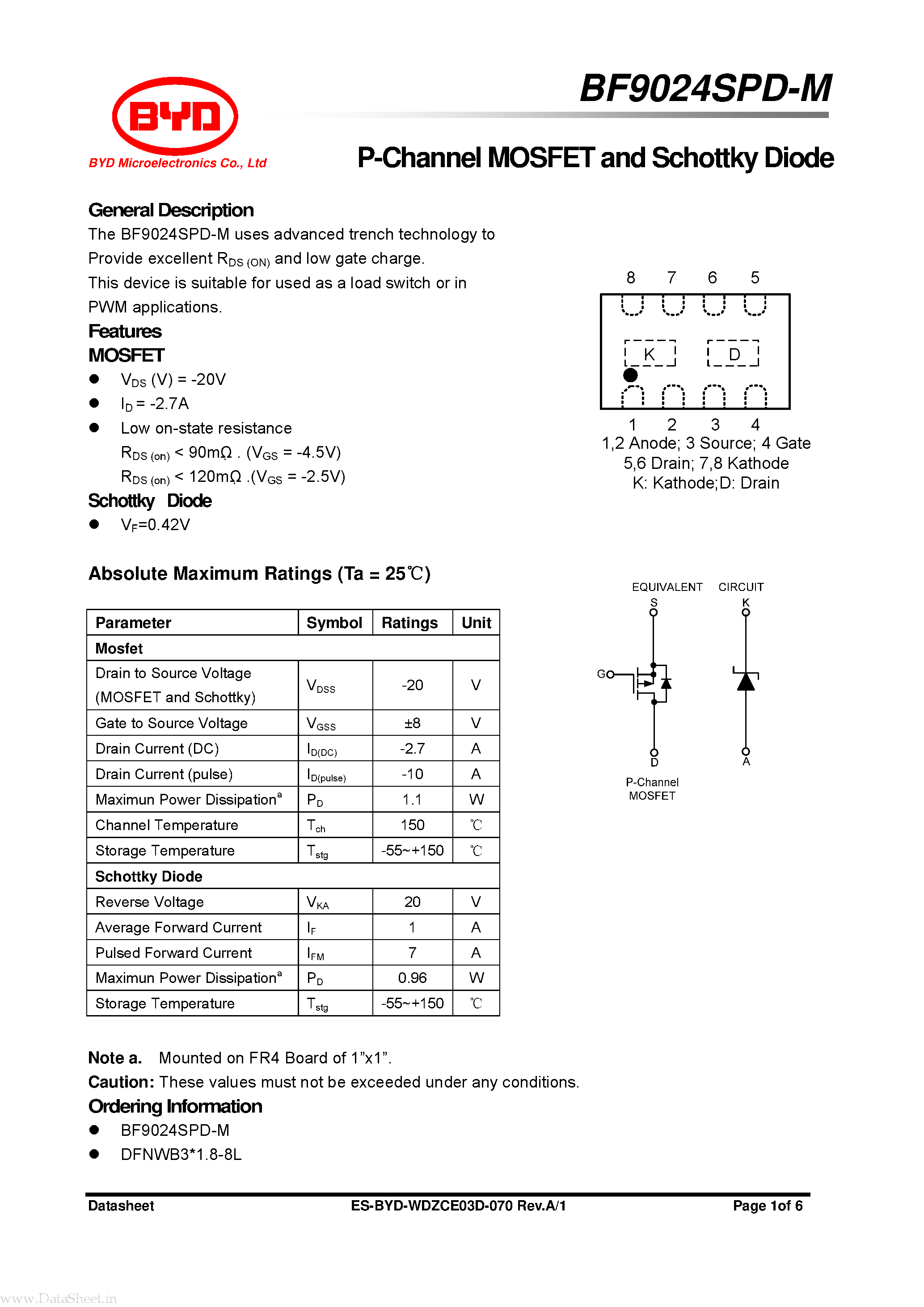 Даташит BF9024SPD-M - P-Channel MOSFET and Schottky Diode страница 1