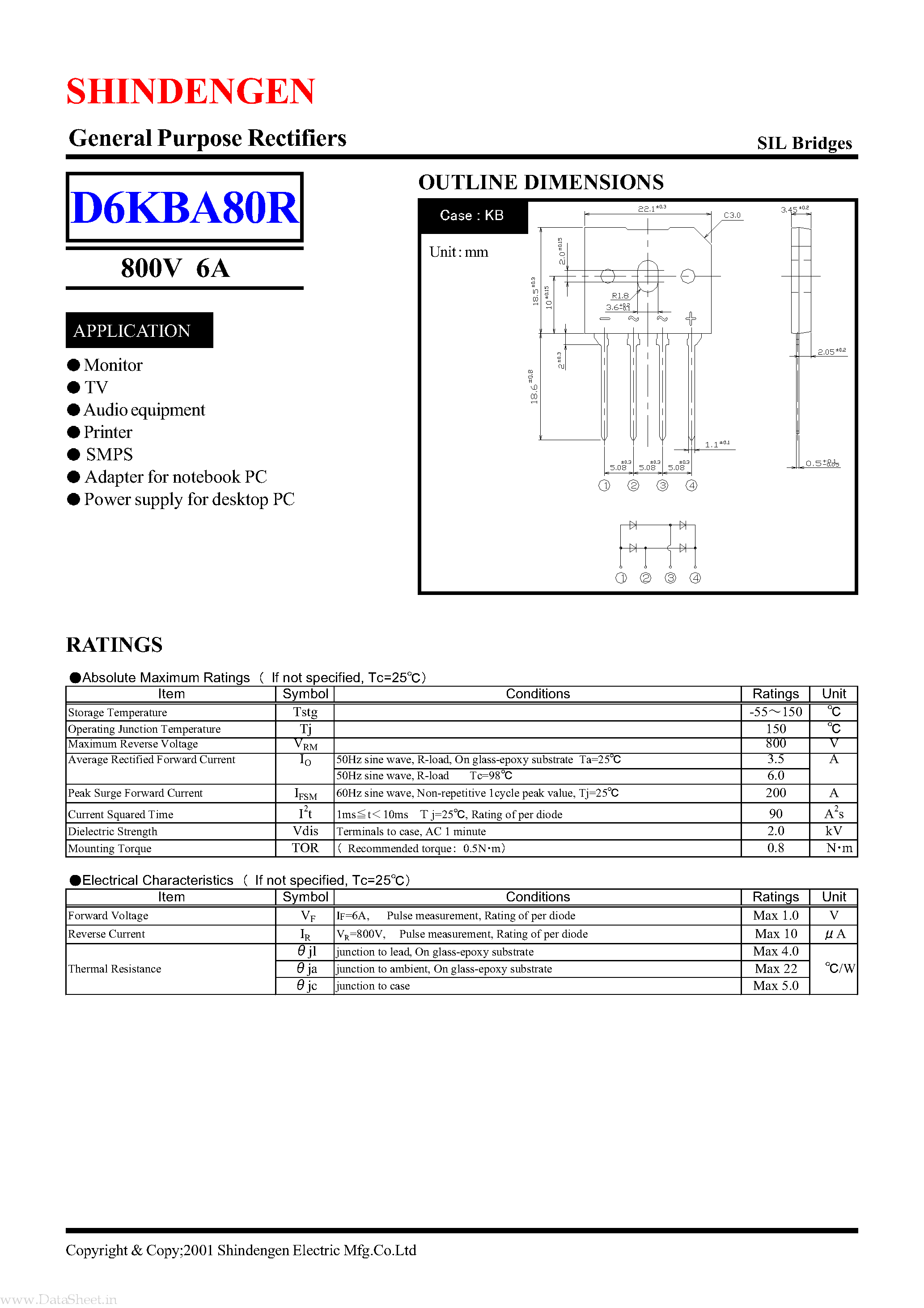 Datasheet D6KBA80R - DIODE RECTIFIER BRIDGE page 1