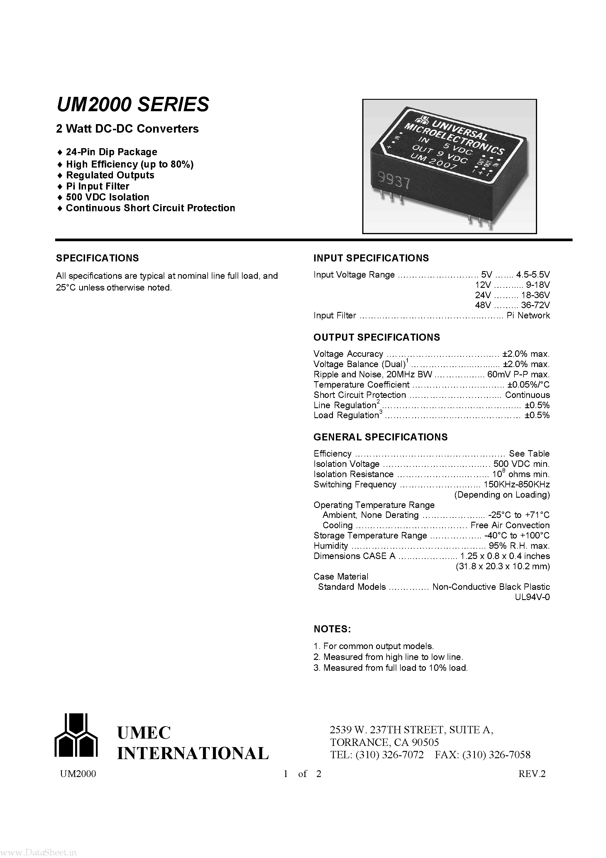 Datasheet UM2001 - 2 Watt DC-DC Converters page 1