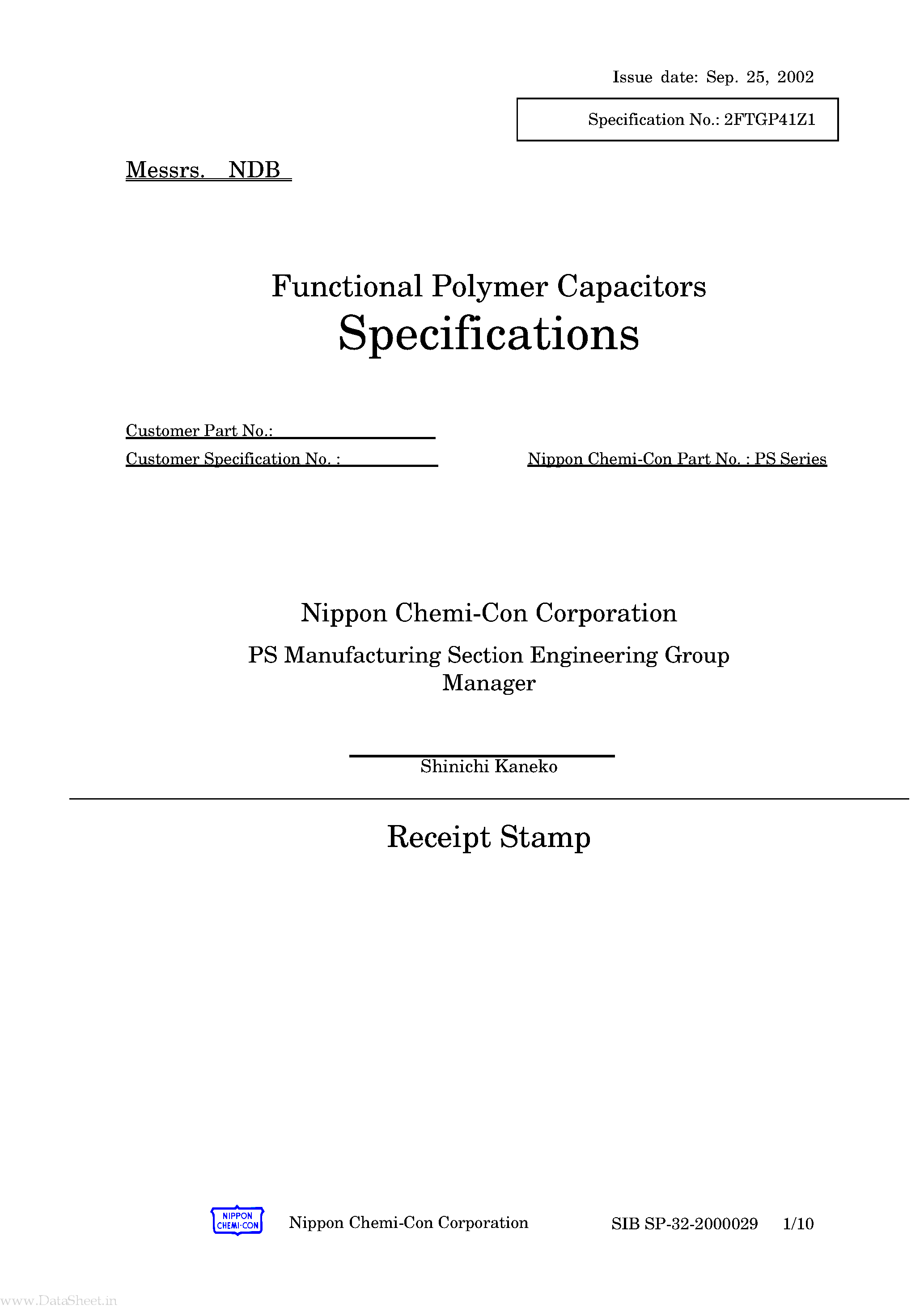 Datasheet 16PS180MH11 page 1 Datasheet 16PS180MH11 - Functional Polymer Capacitors page 1